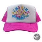 Sunshine On My Mind foam trucker cap with vibrant yellow sun graphic and adjustable mesh back, by The Graphic Tee.