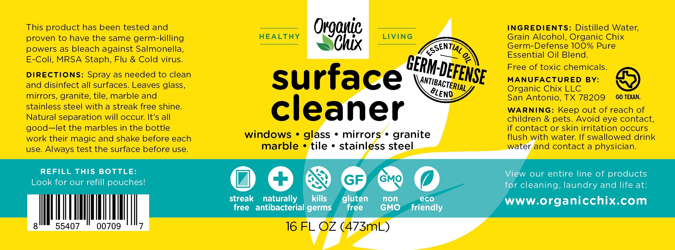 Organic Chix all-purpose surface cleaner in a 16oz bottle with refill options, ideal for healthy, natural cleaning.