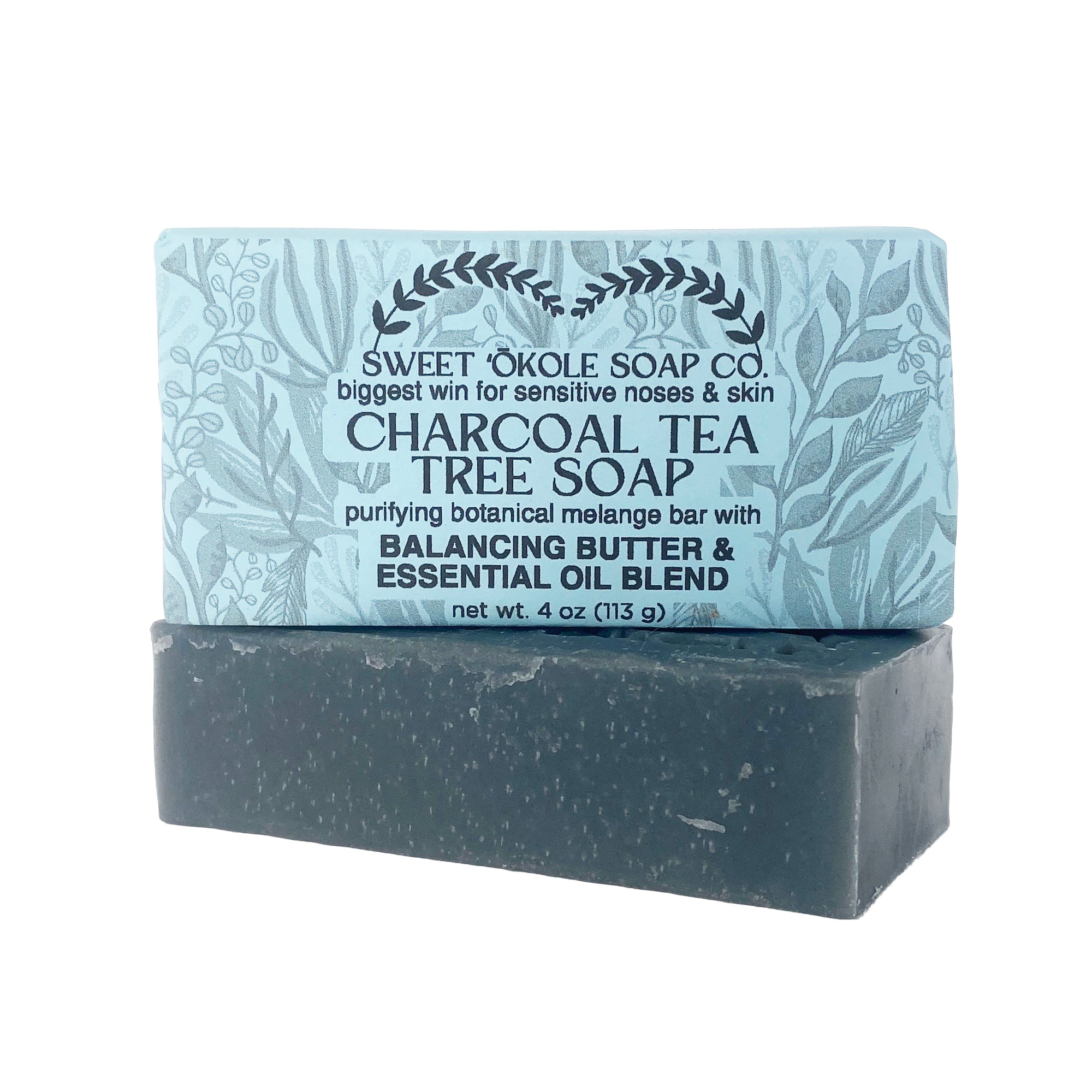 Charcoal and tea tree soap bar by Sweet ʻŌkole Soap, microbiome-friendly cleanser for clear, healthy skin.
