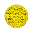 Citrus and clove tooth powder by Sweet ʻŌkole Soap with 5% hydroxyapatite, microbiome-friendly dental powder in a jar.
