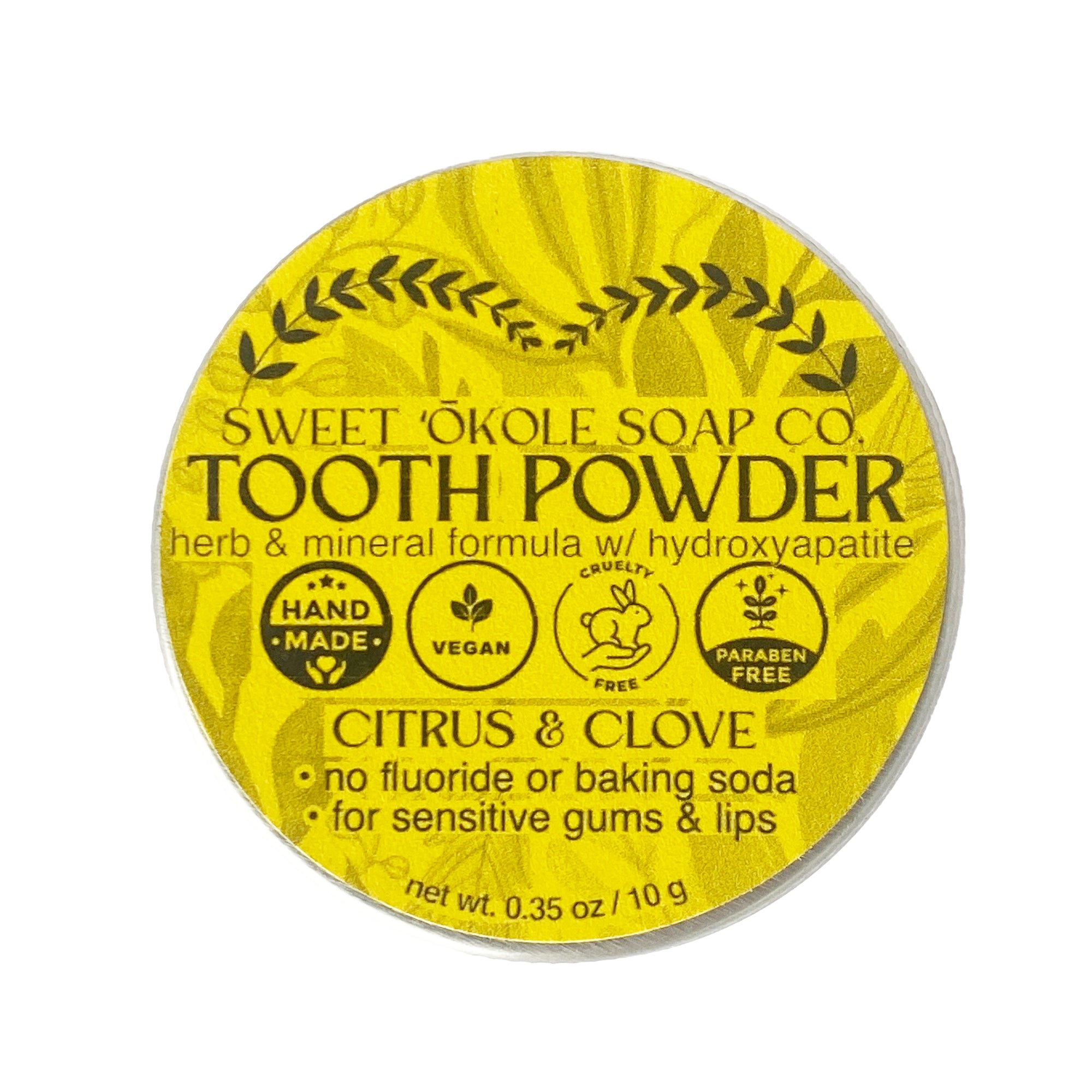 Citrus and clove tooth powder by Sweet ʻŌkole Soap with 5% hydroxyapatite, microbiome-friendly dental powder in a jar.