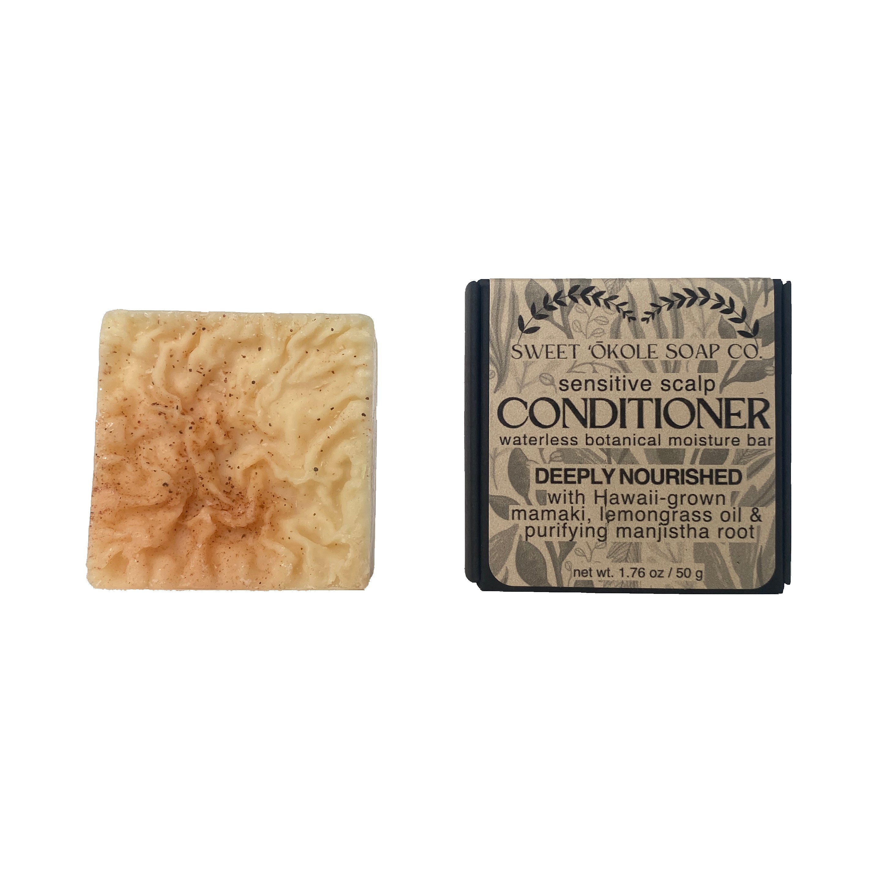 Conditioner bar with Mamaki and Lemongrass botanicals from Sweet ʻŌkole Soap, shown in natural packaging.