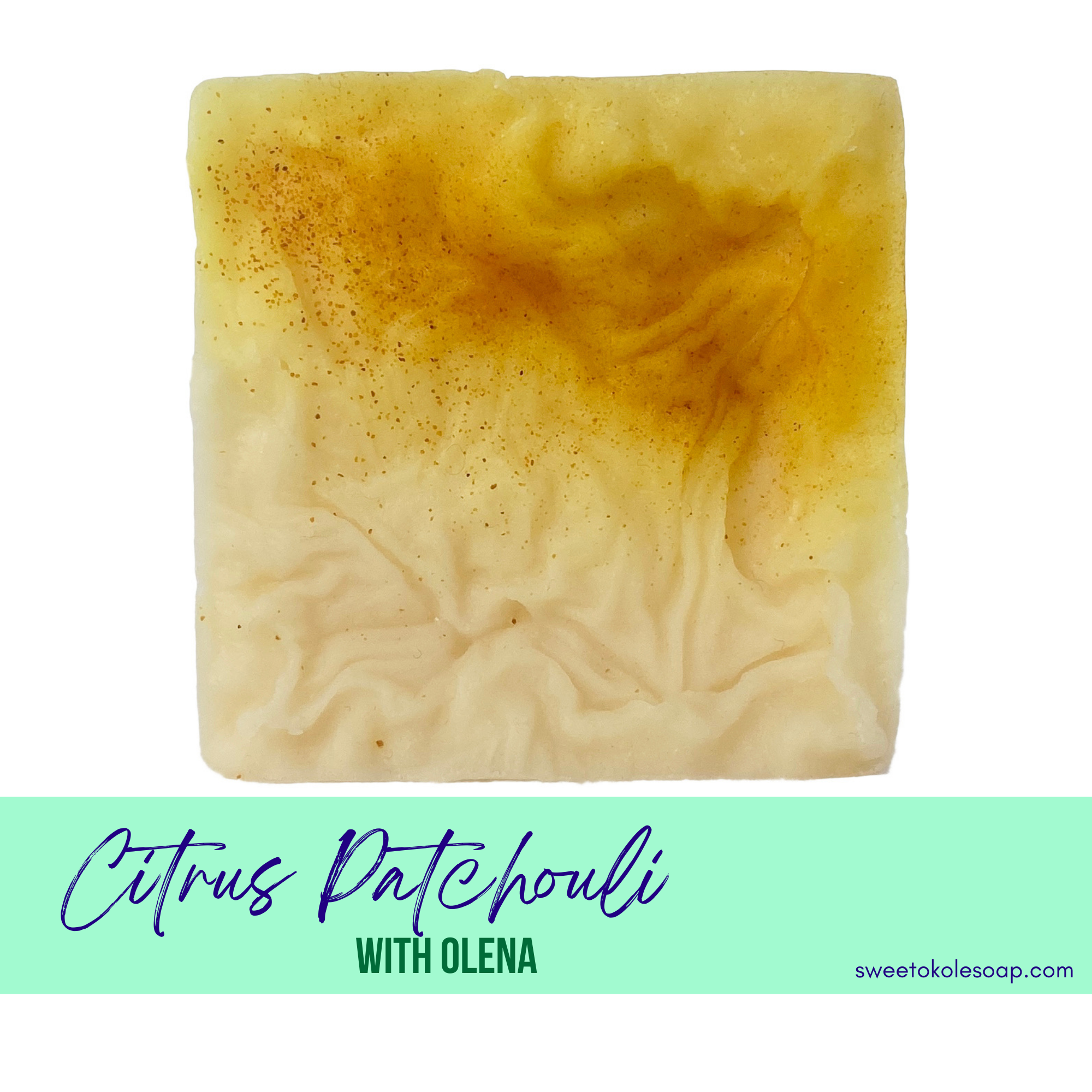 Essential oil conditioner bar with citrus, patchouli, and turmeric from Sweet ʻŌkole Soap, showcasing the natural soap bar with vibrant ingredients.