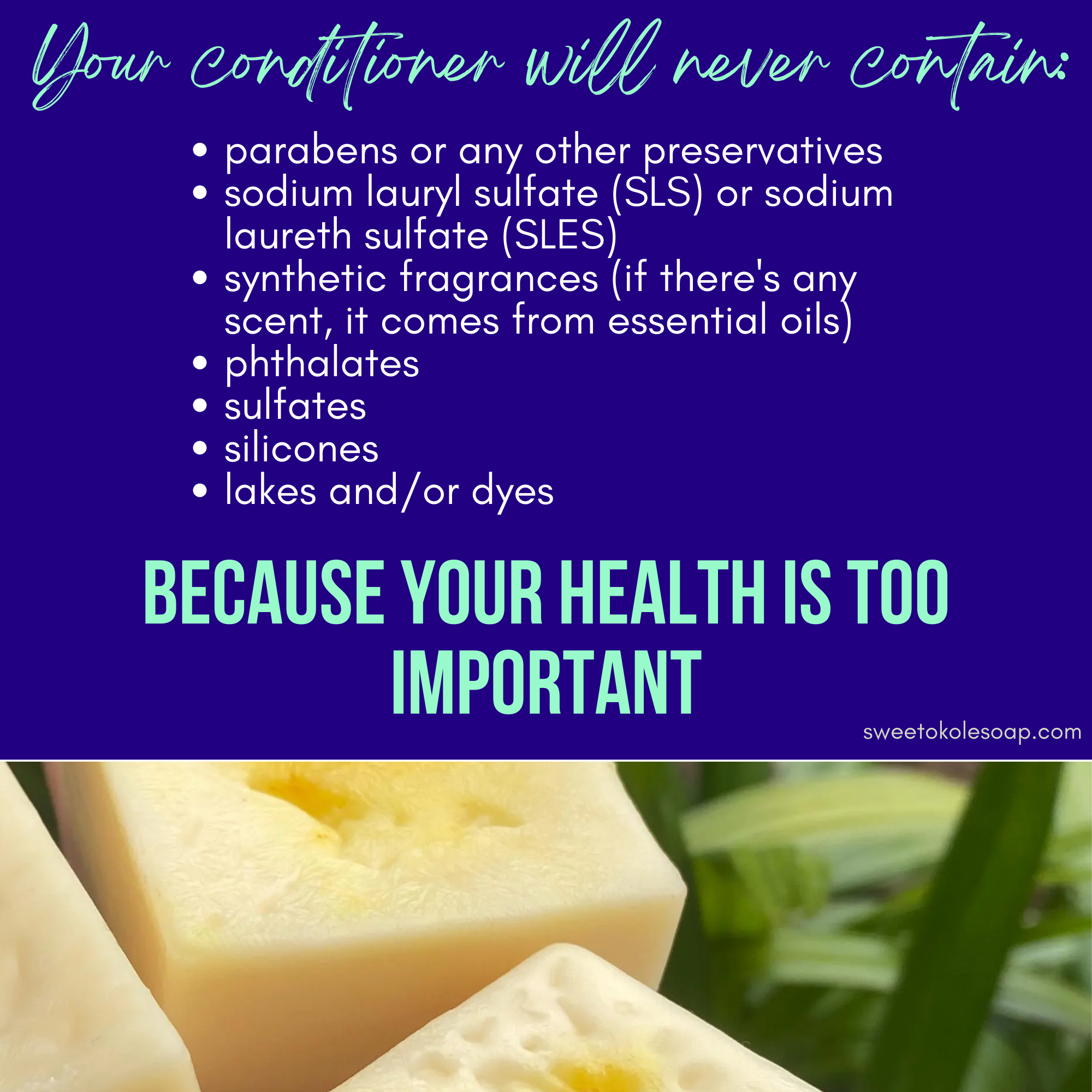 Essential oil conditioner bar by Sweet ʻŌkole Soap with citrus, patchouli, and turmeric for nourishing hair care.