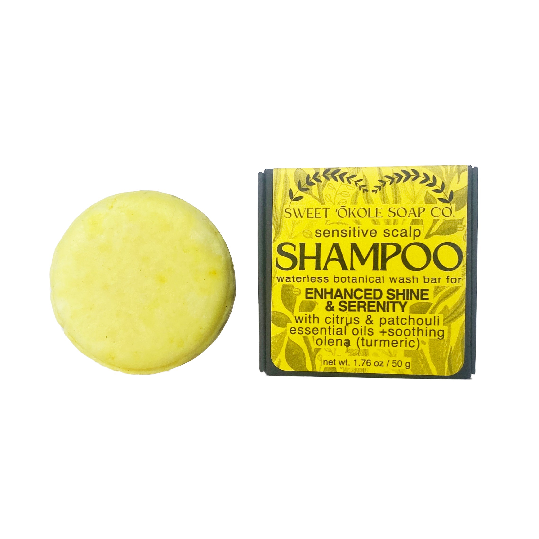Essential Oil Shampoo Bar by Sweet ʻŌkole Soap with citrus, patchouli, turmeric, and Olena for nourishing hair care.