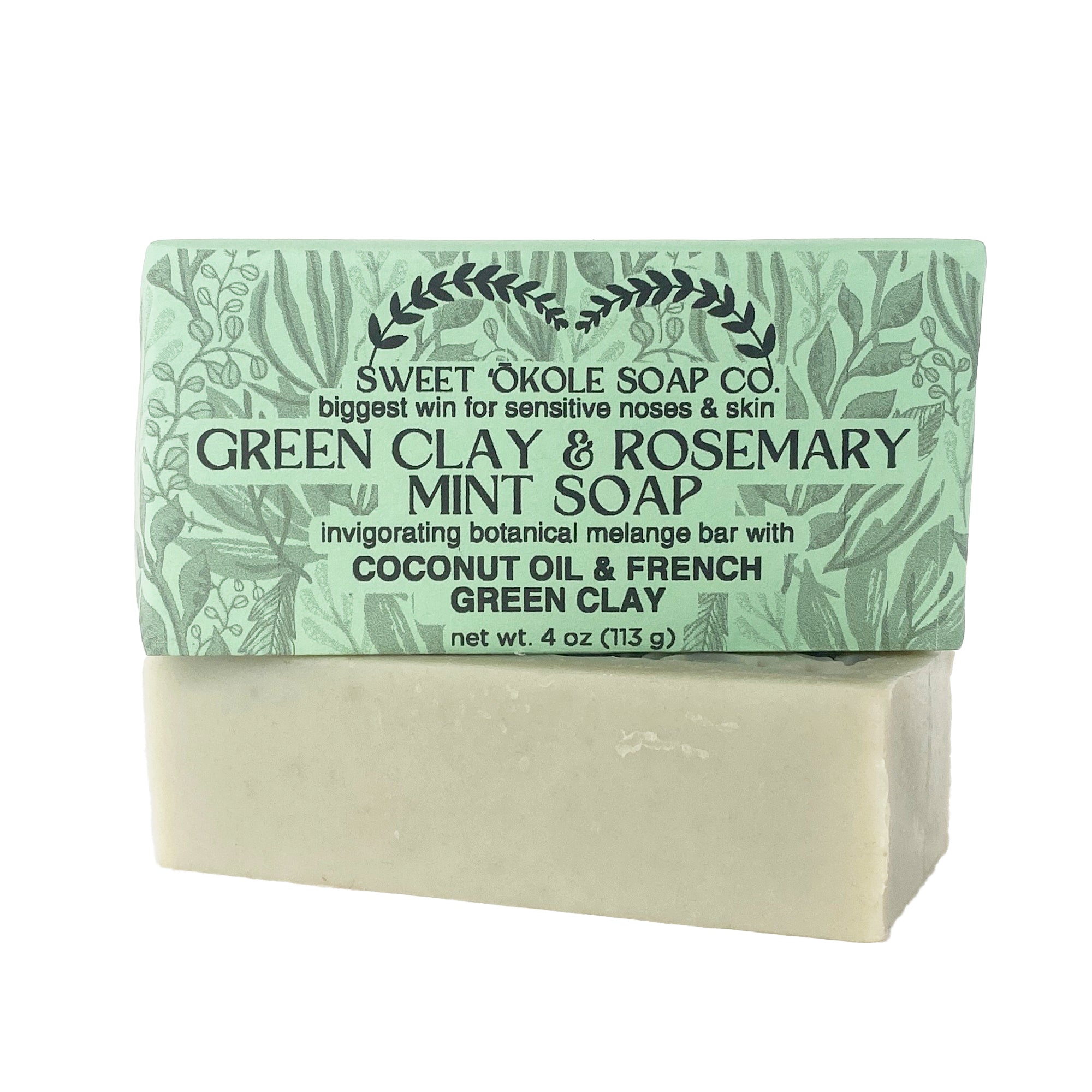 Green clay and rosemary peppermint soap bar by Sweet ʻŌkole Soap with a crisp scent, vegan and natural skincare product.