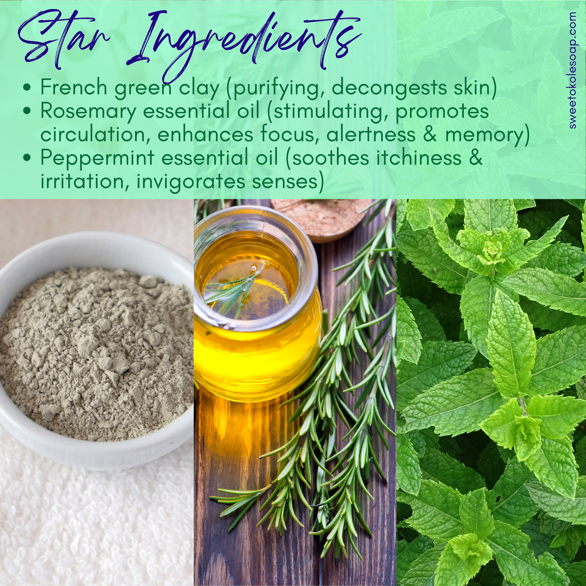Green Clay and Rosemary Peppermint Soap bar by Sweet ʻŌkole Soap with a crisp scent, vegan-friendly natural skincare product.