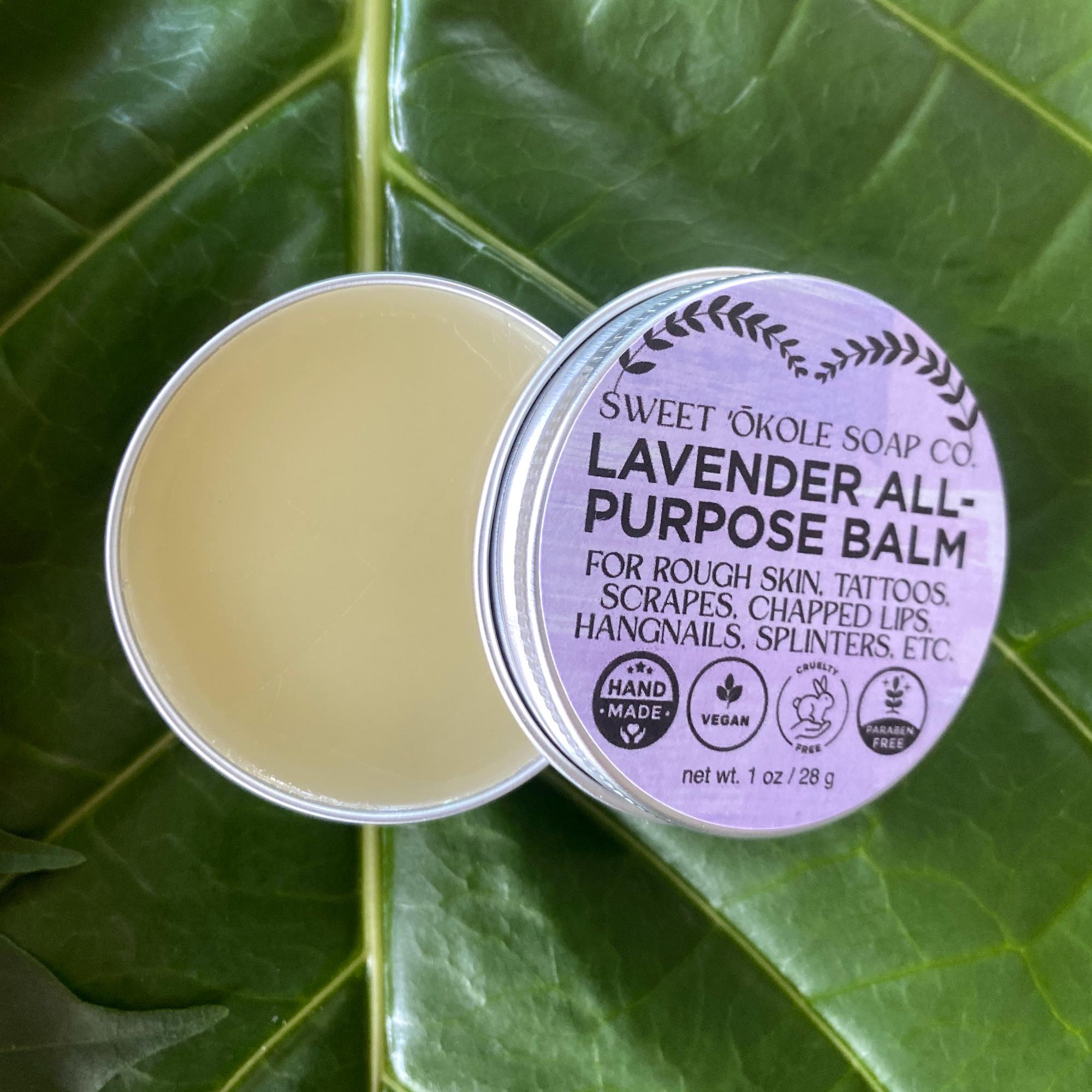 Lavender Balm by Sweet ʻŌkole Soap, calming essential oil salve with lavender for soothing skin and relaxation.