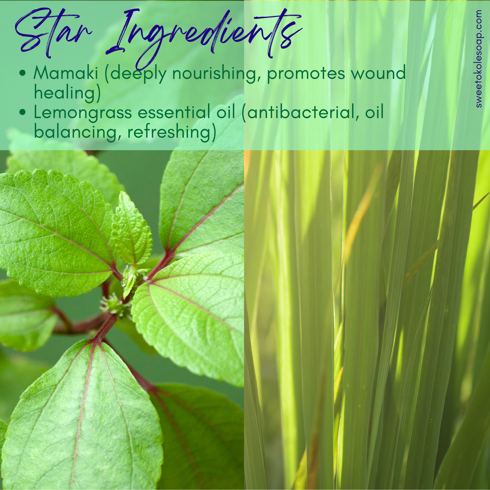 Vegan Mamaki Lemongrass Soap by Sweet ʻŌkole Soap, palm-free bar with fresh lemongrass scent and natural ingredients.