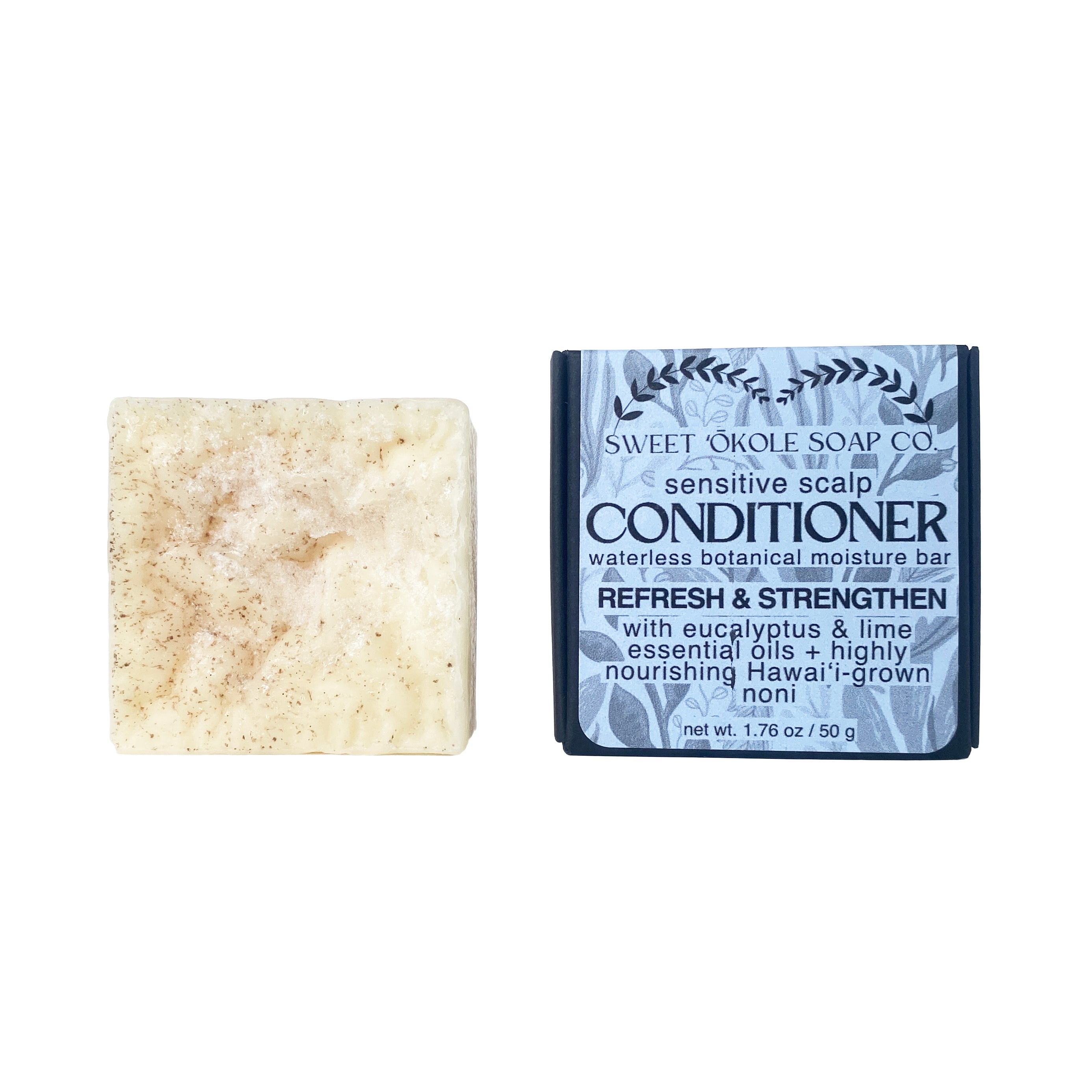 Natural conditioner bar by Sweet ʻŌkole Soap with eucalyptus, lime essential oils, and noni, shown in a close-up image.