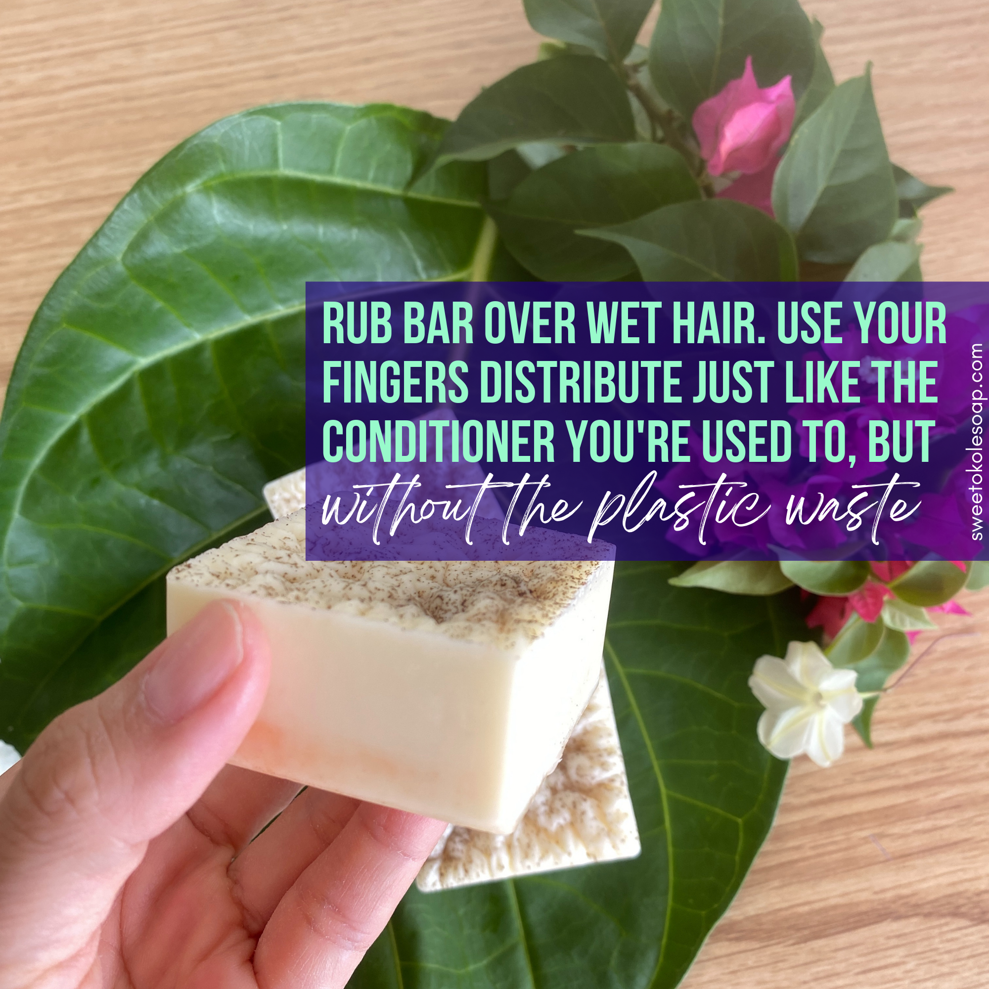 Natural conditioner bar by Sweet ʻŌkole Soap with eucalyptus, lime essential oils, and noni, shown in a close-up image.