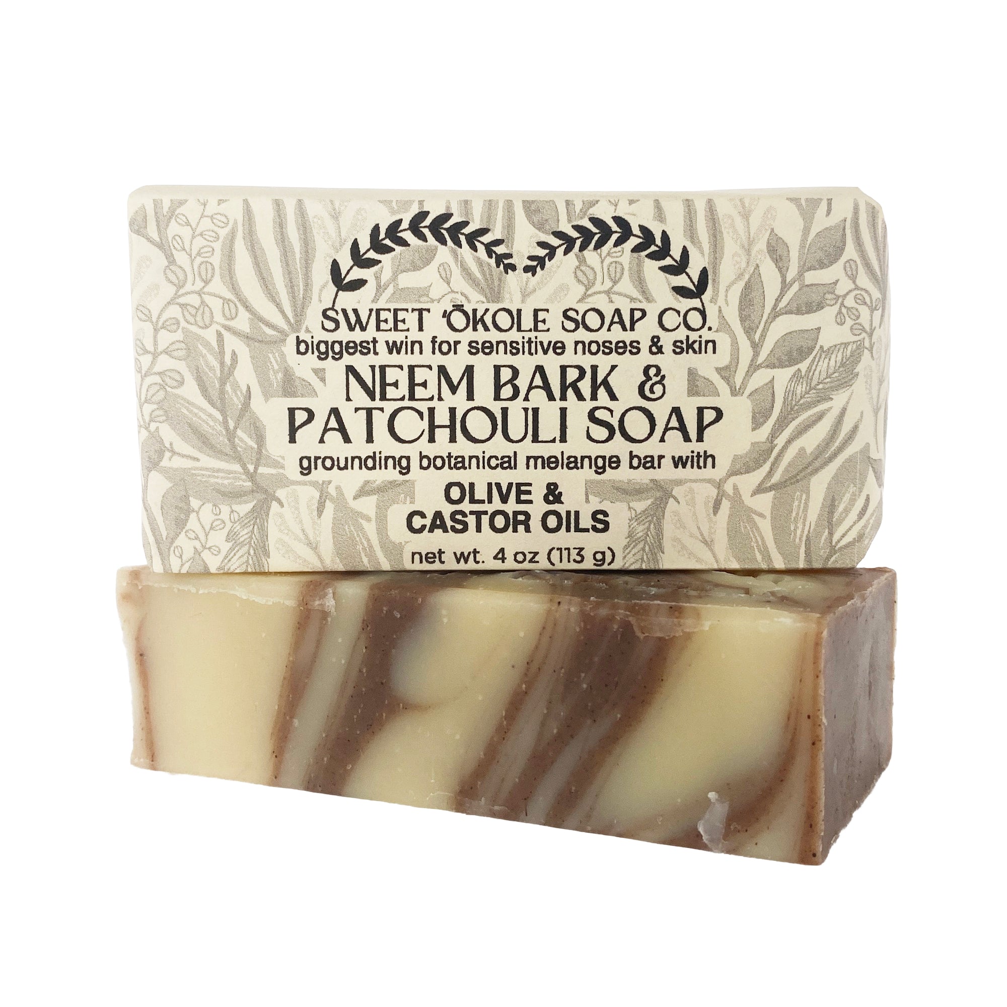Neem Bark and Patchouli Soap by Sweet ʻŌkole Soap with shea butter, featuring a rustic soap bar with natural ingredients.