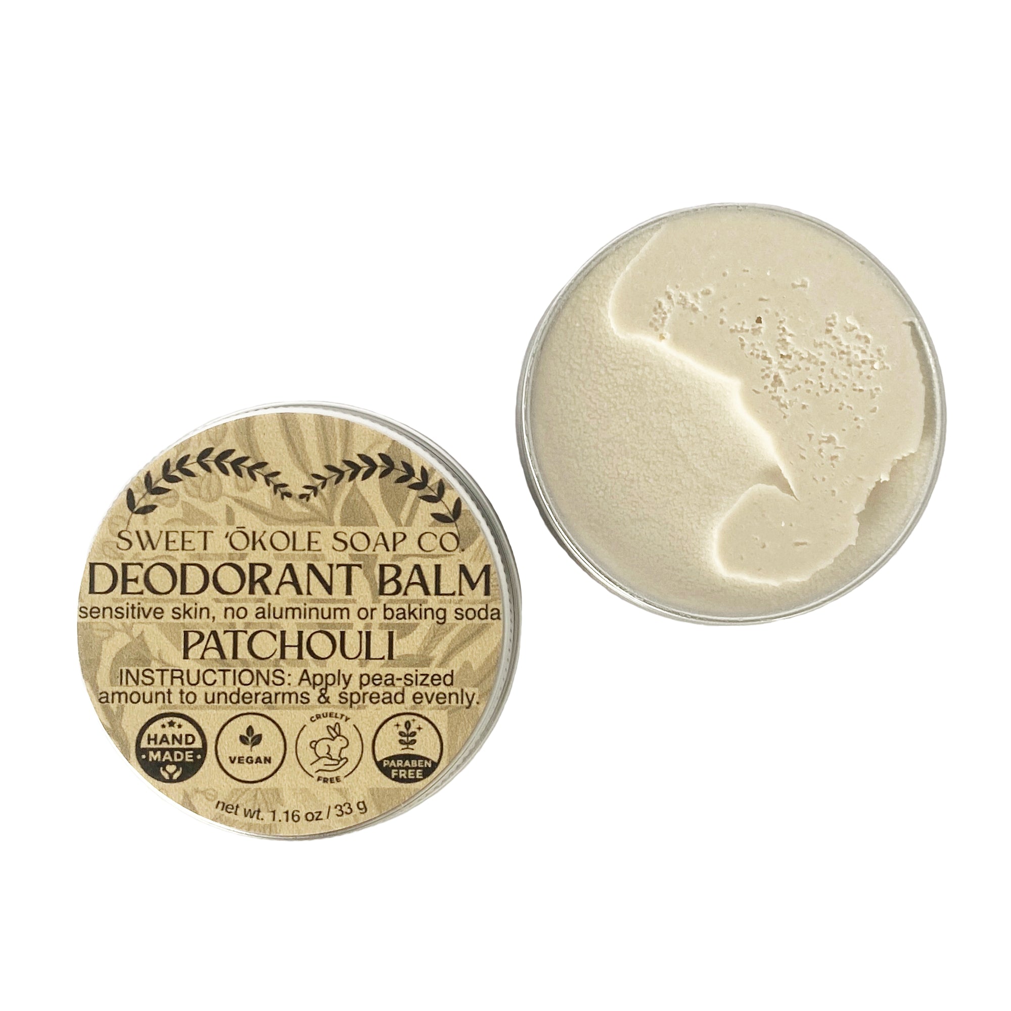 Patchouli natural deodorant for sensitive skin by Sweet ʻŌkole Soap, featuring a sleek container with a patchouli scent.