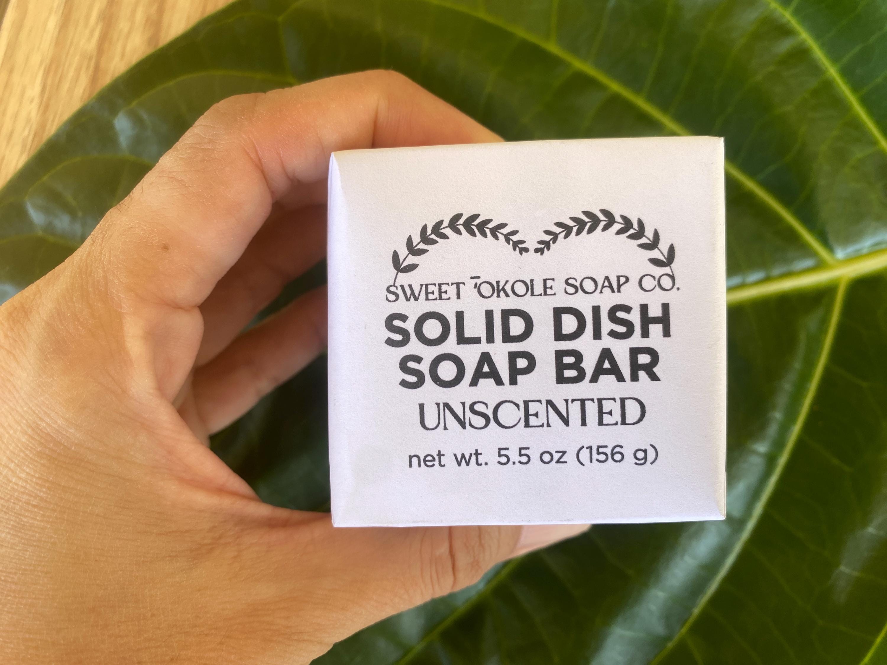 Sweet ʻŌkole Soap solid dish soap bar, non-toxic and unscented, plastic-free dishwashing product with natural cleaning ingredients.
