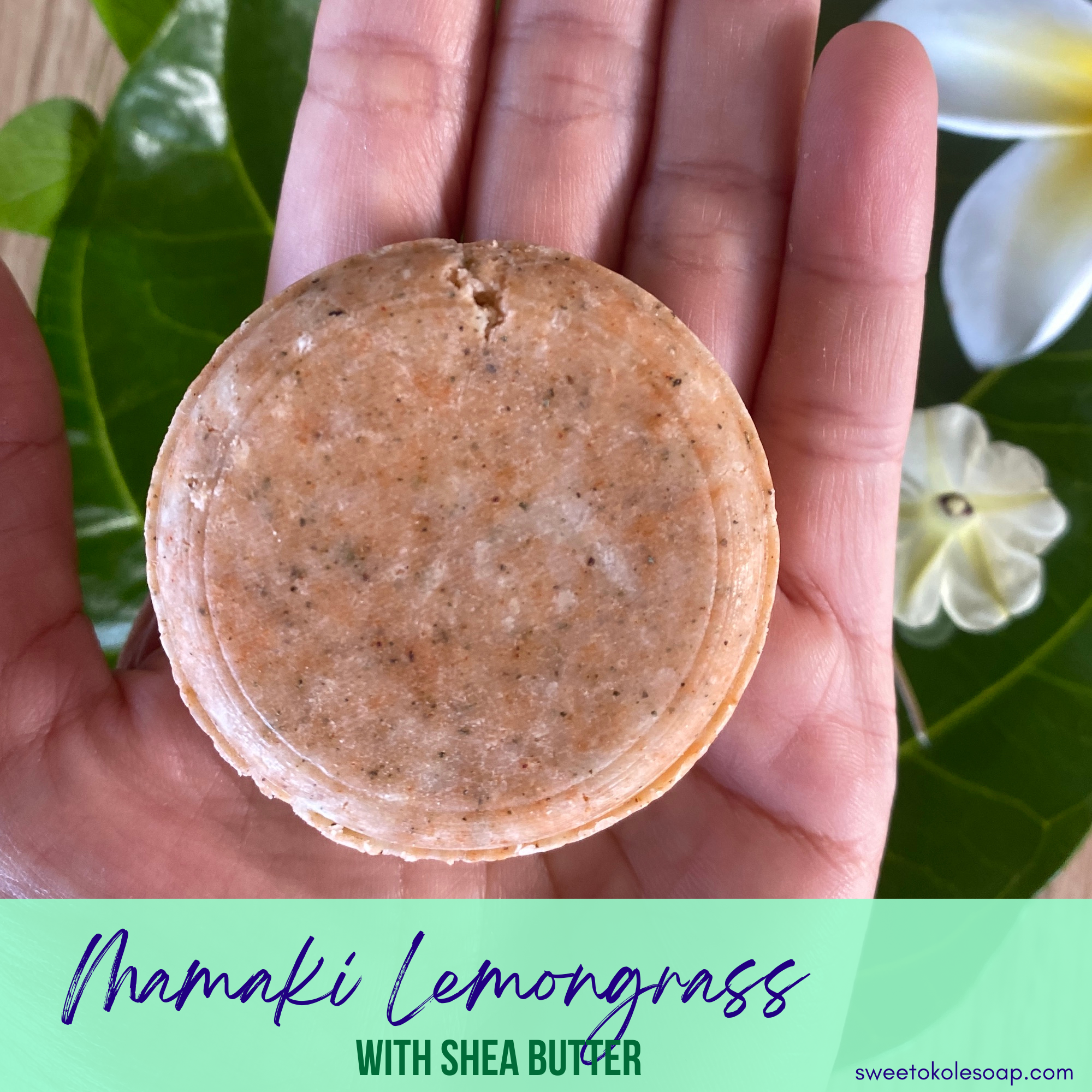 Solid shampoo bar by Sweet ʻŌkole Soap with Mamaki Lemongrass scent, displayed on a clean surface with natural lighting.