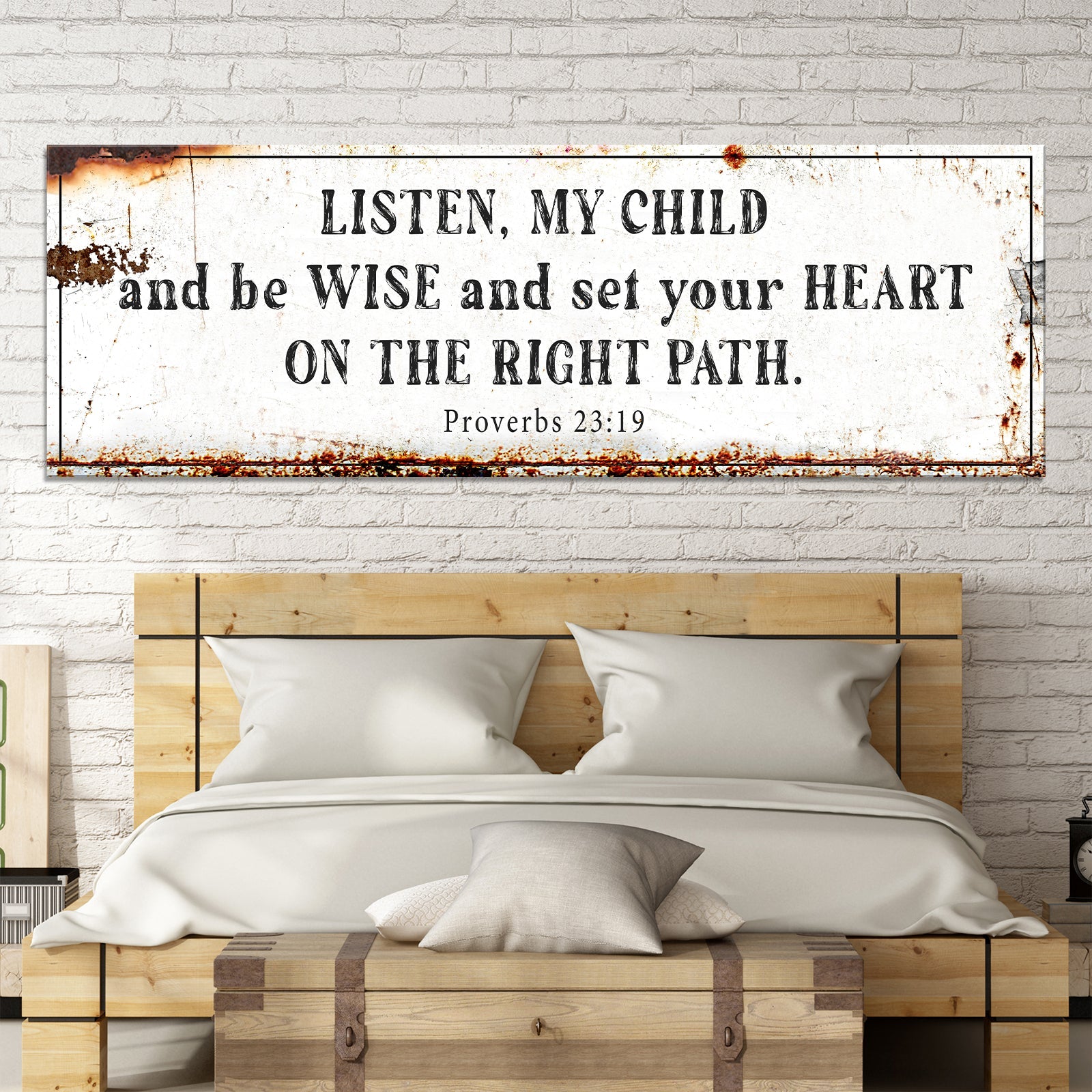 Canvas wall art featuring Proverbs 23:19 faith message with "Be Wise and Set Your Heart on The Right Path" in elegant lettering.