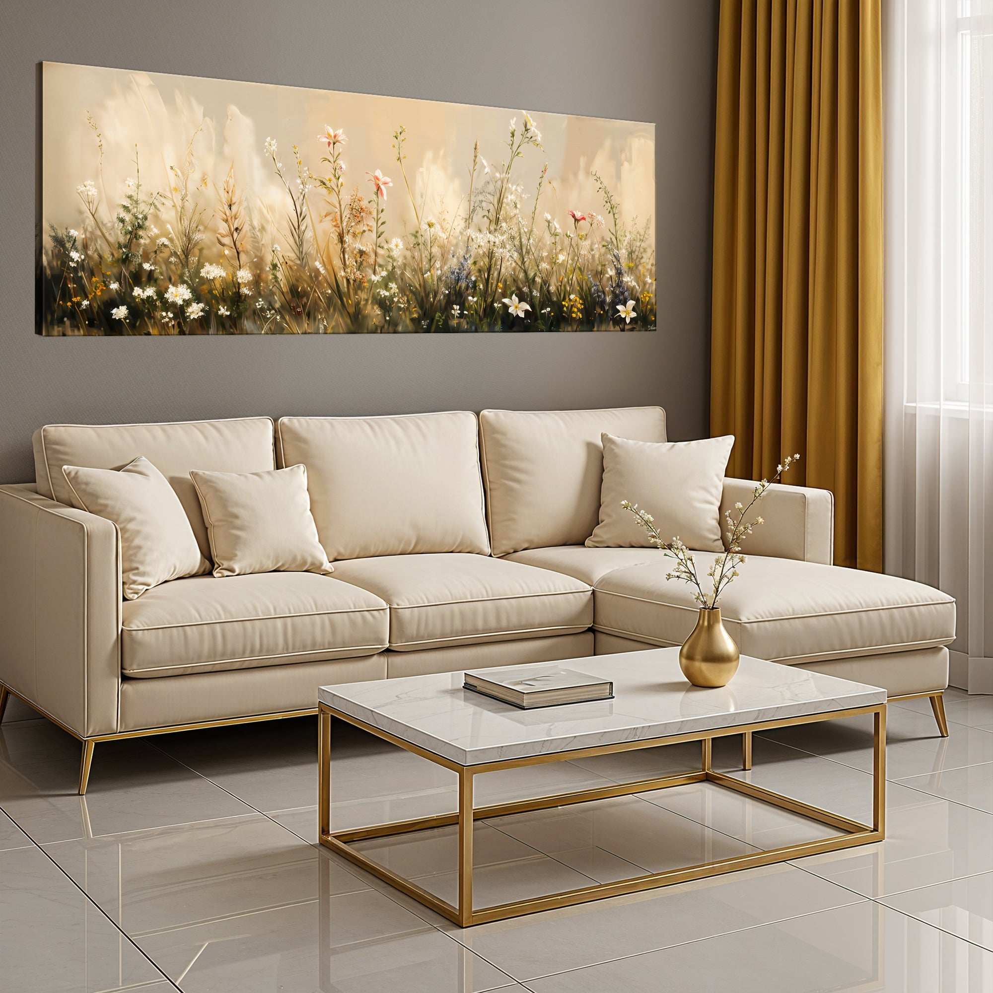 Colorful flower field wall art on canvas by Tailored Canvases, featuring vibrant blooming flowers in a scenic landscape.