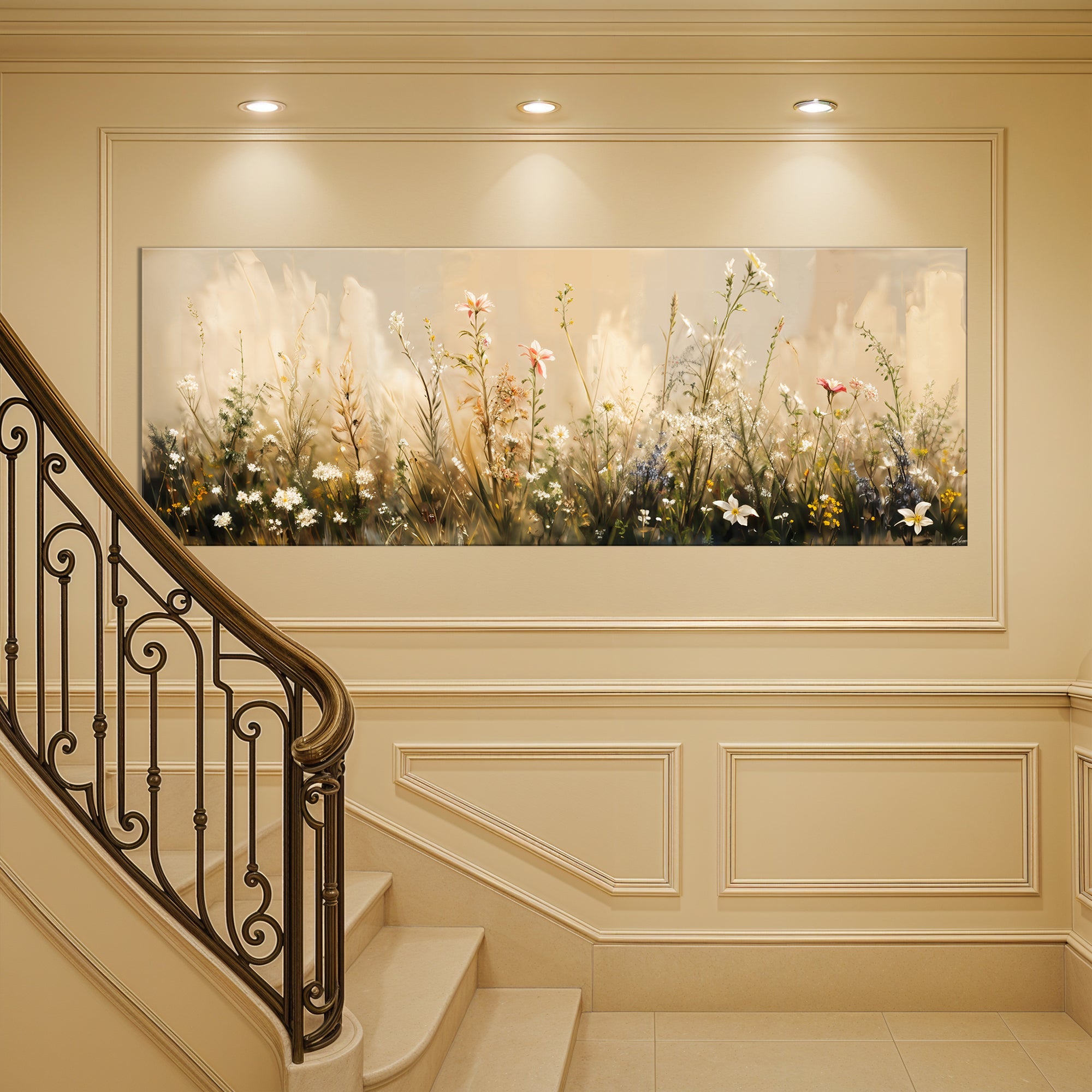 Colorful flower field wall art on canvas by Tailored Canvases, showcasing vibrant floral landscape for home decor.