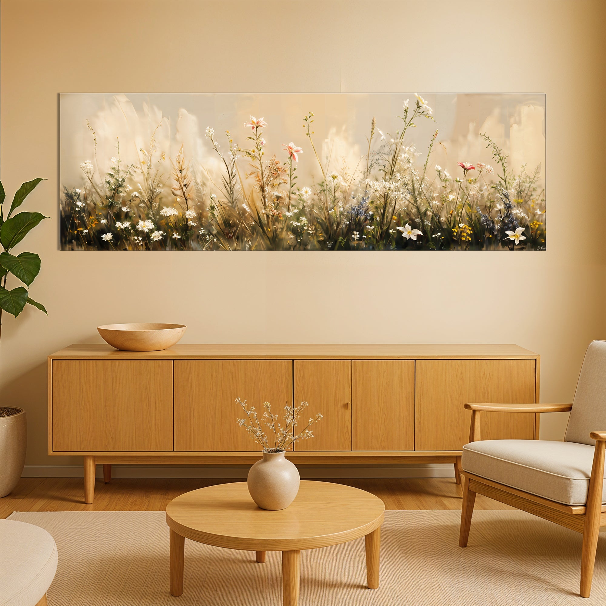 Colorful flower field canvas wall art by Tailored Canvases, vibrant floral scene on textured canvas for home decor.