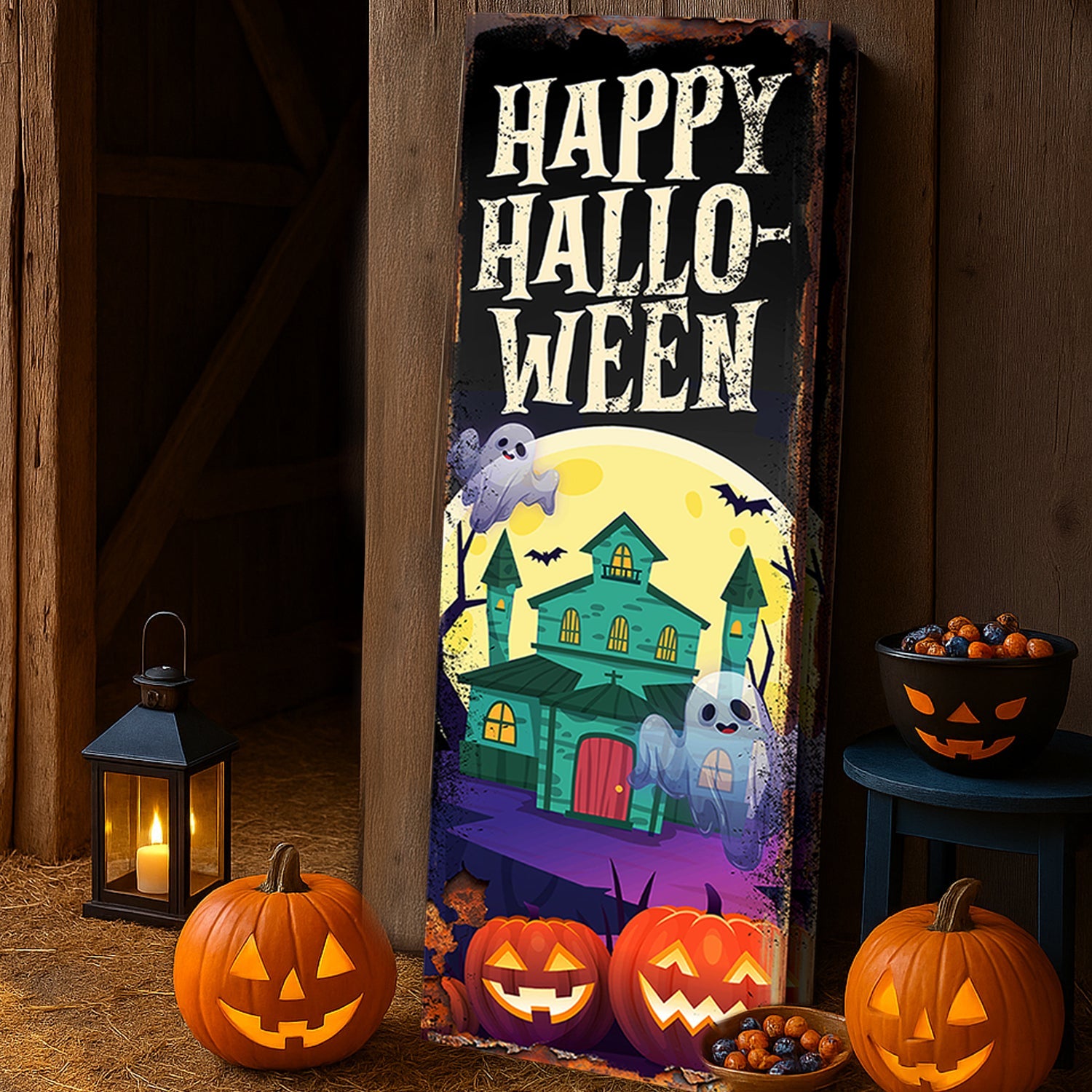 Halloween welcome sign canvas by Tailored Canvases featuring festive orange and black design with spooky lettering.