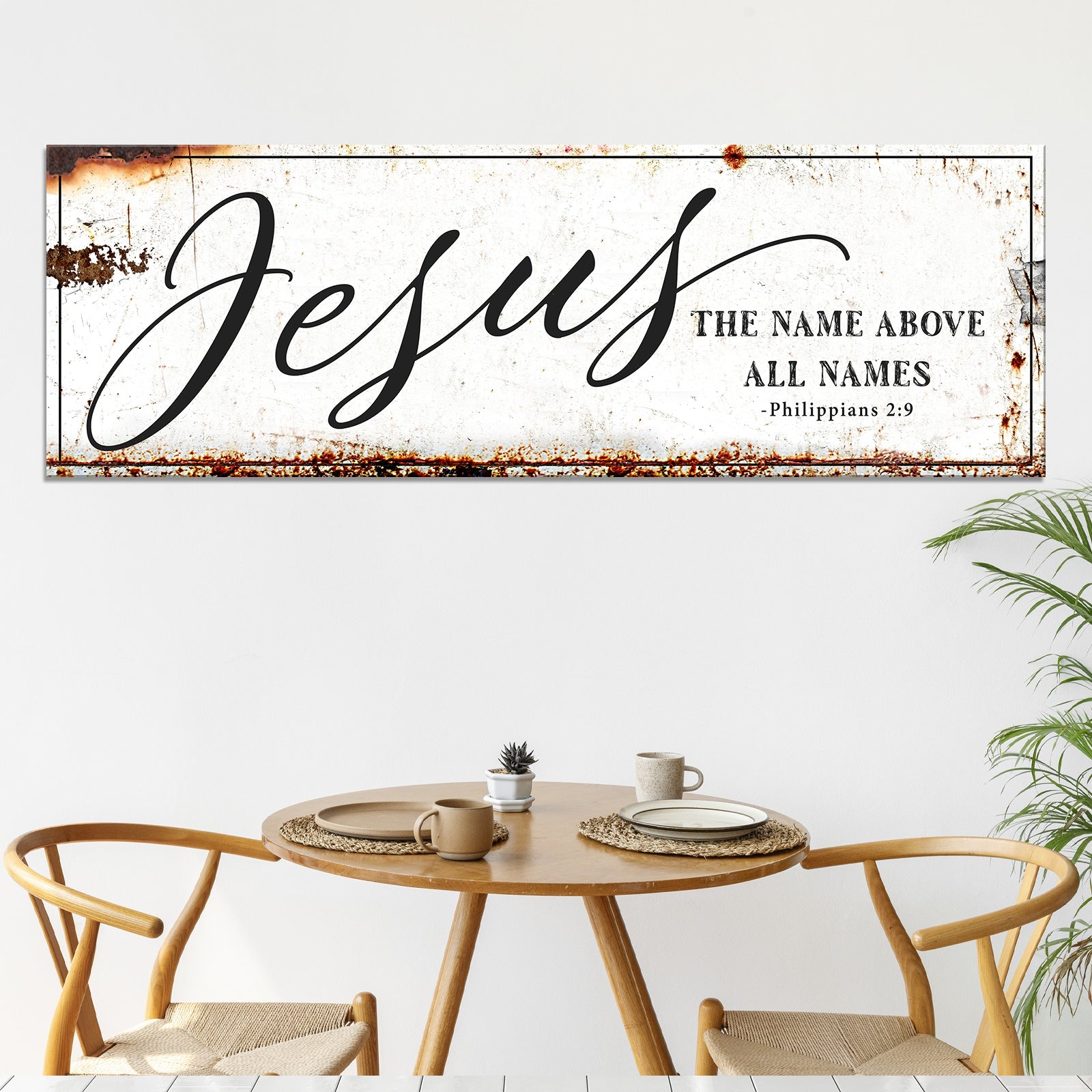 Canvas wall art featuring "Jesus The Name Above All Names" with Philippians 2:9 scripture, by Tailored Canvases.