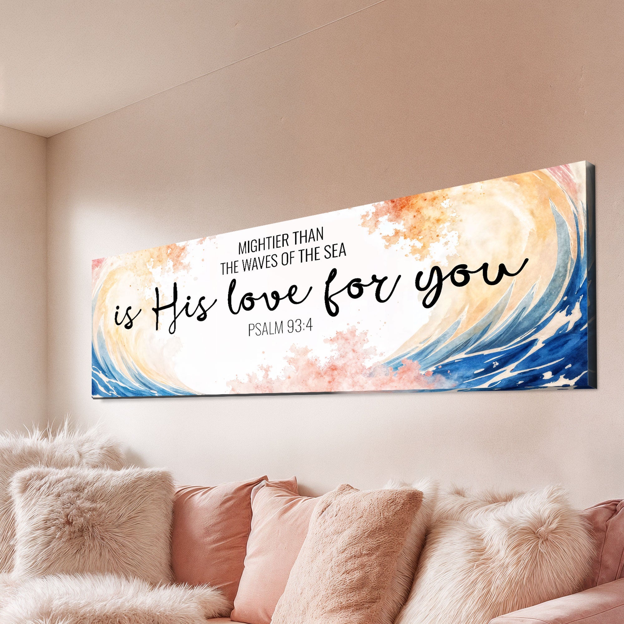 Canvas wall art featuring Psalm 93:4 "Mightier Than the Waves of the Sea" faith quote by Tailored Canvases.
