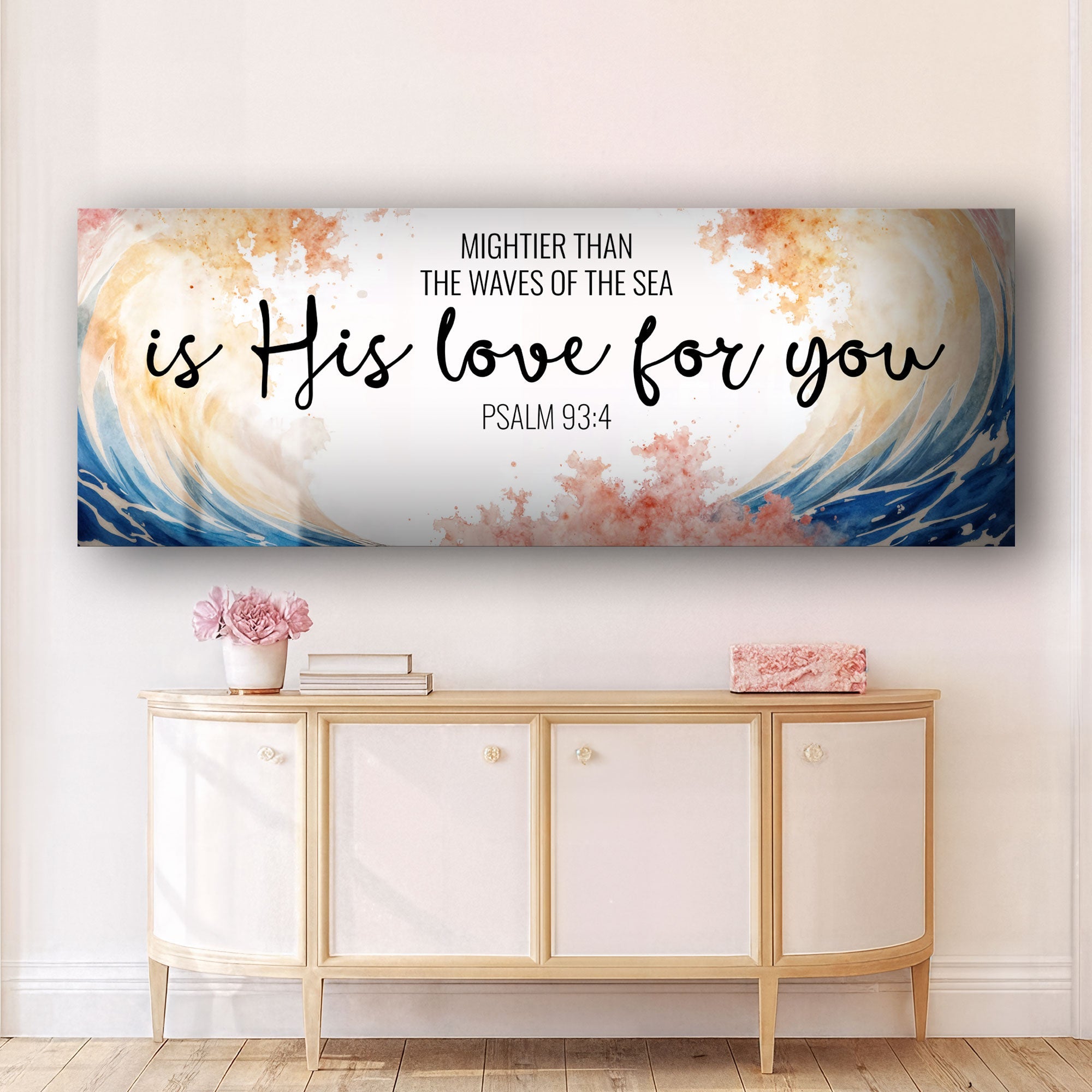 Canvas wall art featuring Psalm 93:4, "Mightier Than the Waves of the Sea," with faith-inspired design by Tailored Canvases.
