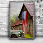 America Country Barn Canvas Wall Art by Tailored Canvases featuring a rustic barn scene on a textured canvas.
