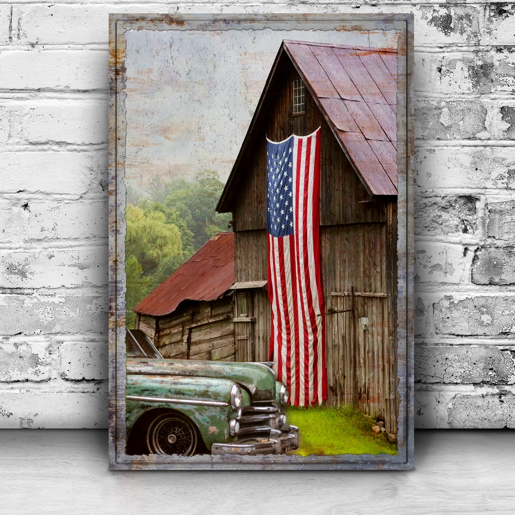 America Country Barn Canvas Wall Art by Tailored Canvases featuring a rustic barn scene on a textured canvas.