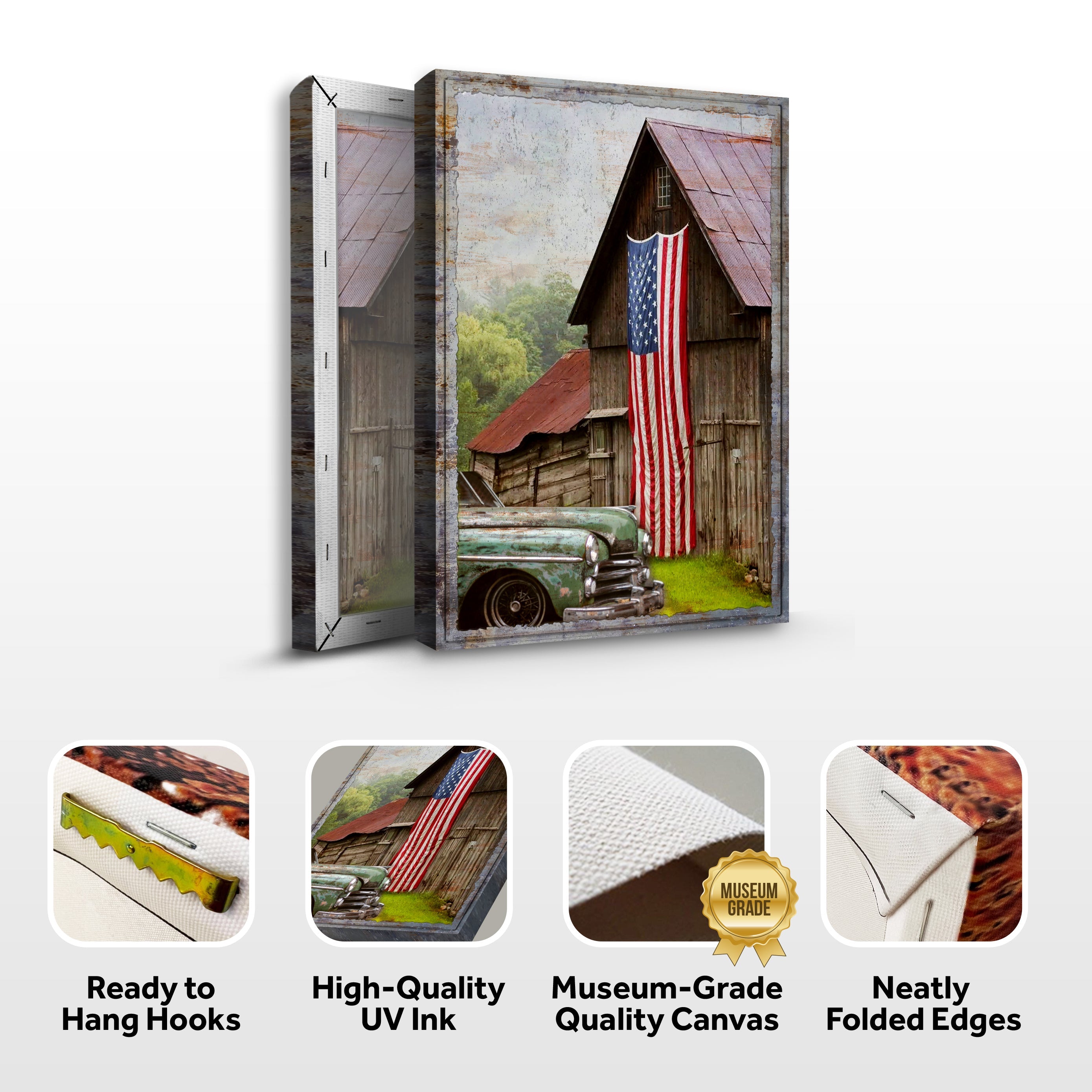 America Country Barn canvas wall art by Tailored Canvases, featuring a rustic barn scene on a stretched canvas.