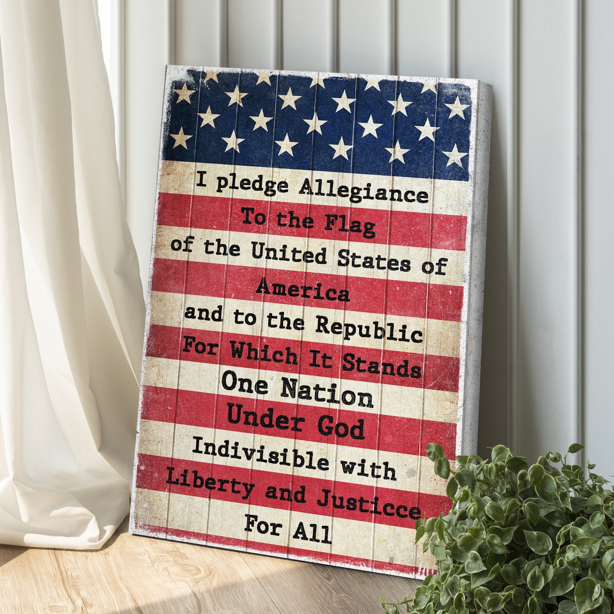 American pledge of allegiance canvas sign by Tailored Canvases featuring patriotic design on textured canvas background.