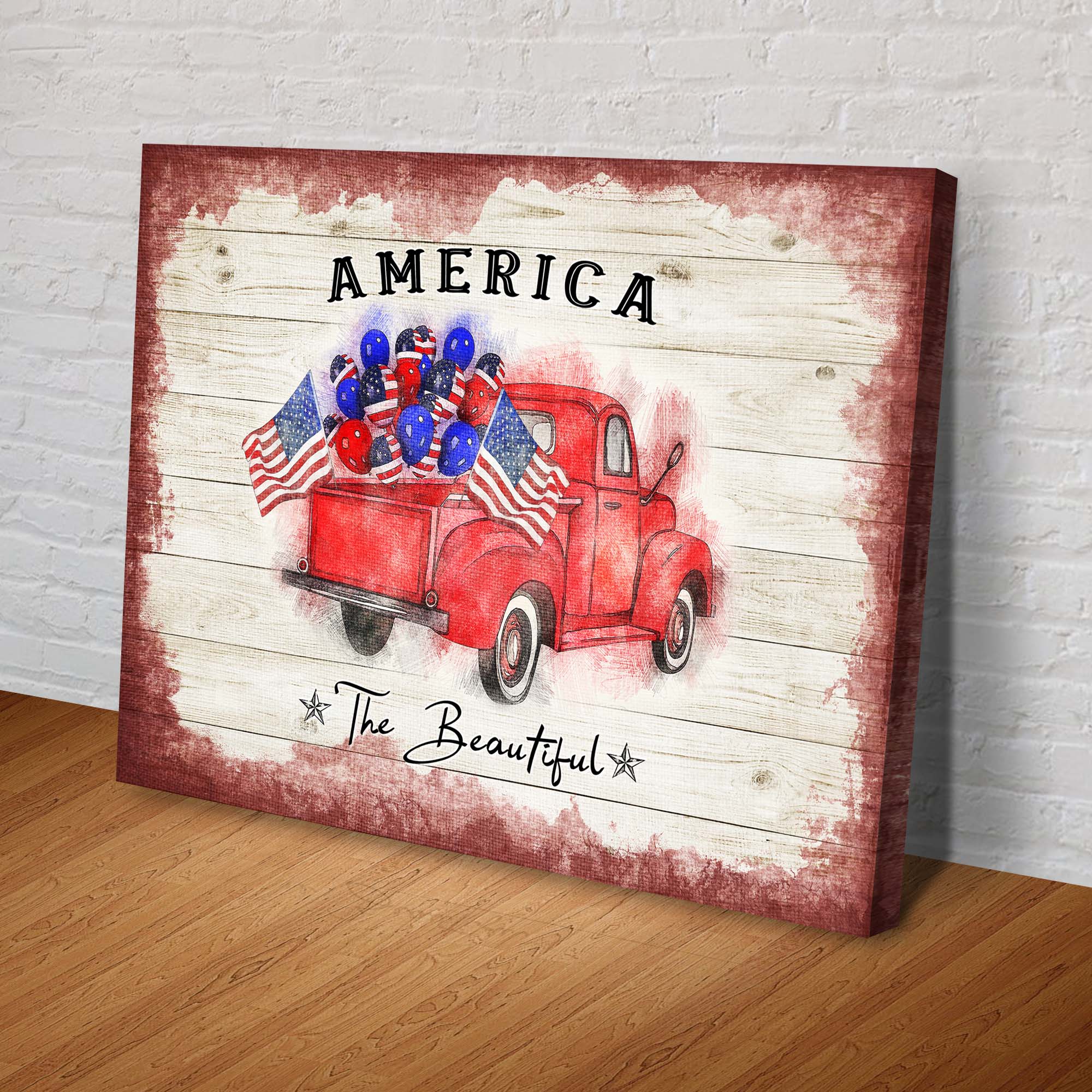 Canvas print of "America The Beautiful Sign II" by Tailored Canvases, featuring vibrant patriotic American flag design.