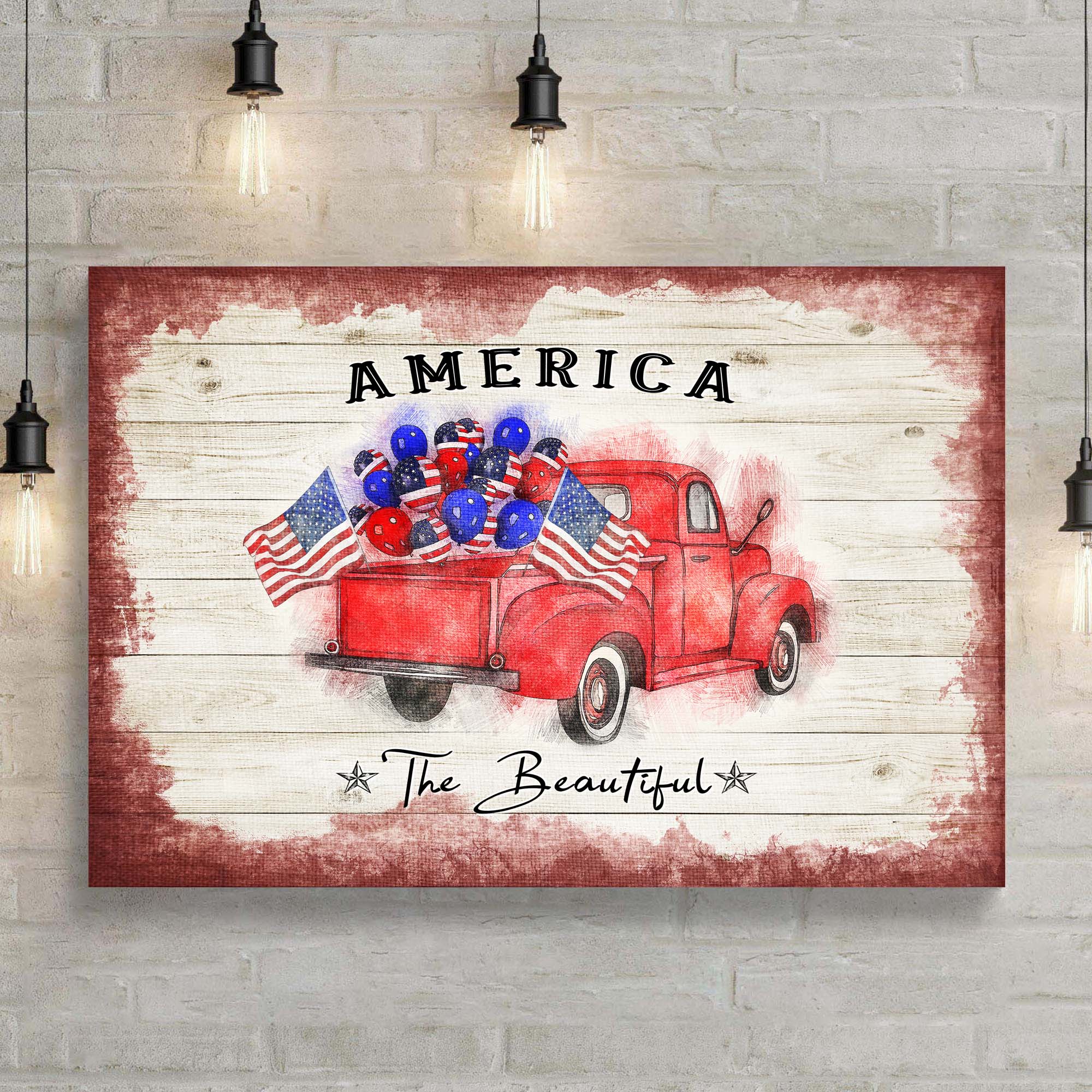 Canvas print of the "America The Beautiful Sign II" featuring patriotic artwork, created by Tailored Canvases.