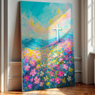 Canvas wall art featuring a cross and floral field design by Tailored Canvases, ideal for faith-inspired home decor.