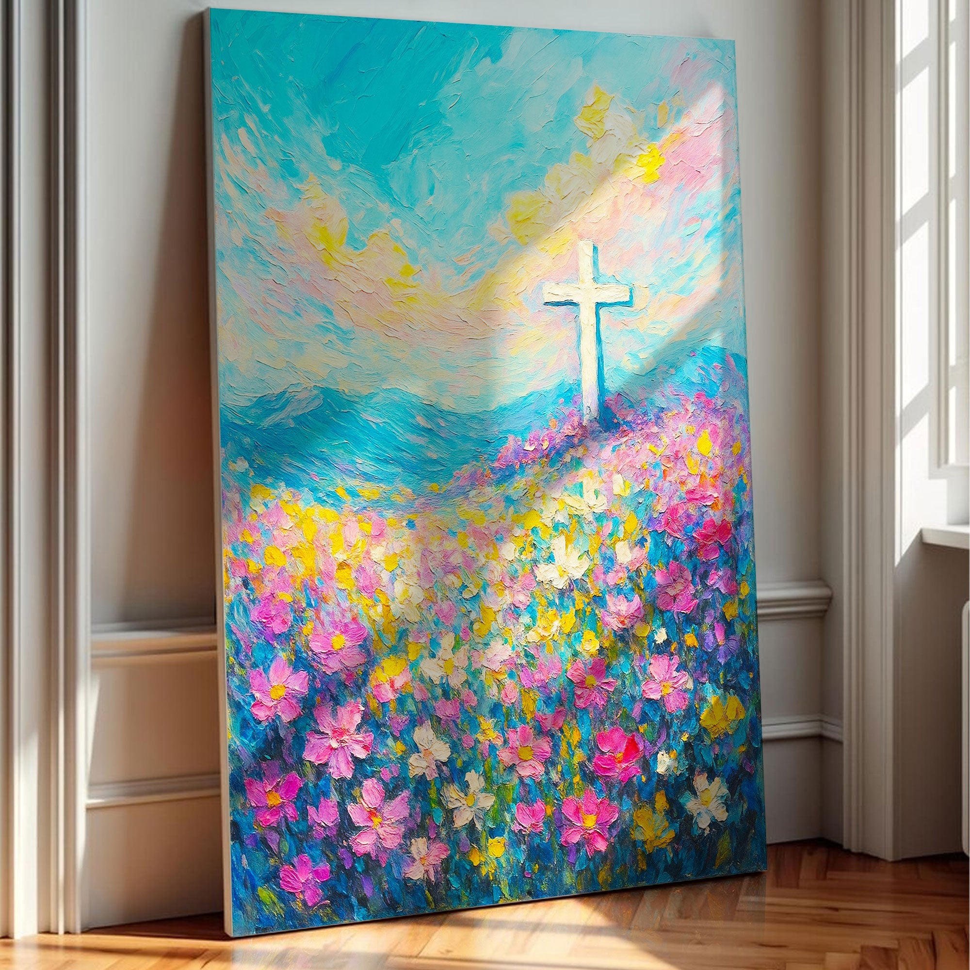Canvas wall art featuring a cross and floral field design by Tailored Canvases, ideal for faith-inspired home decor.