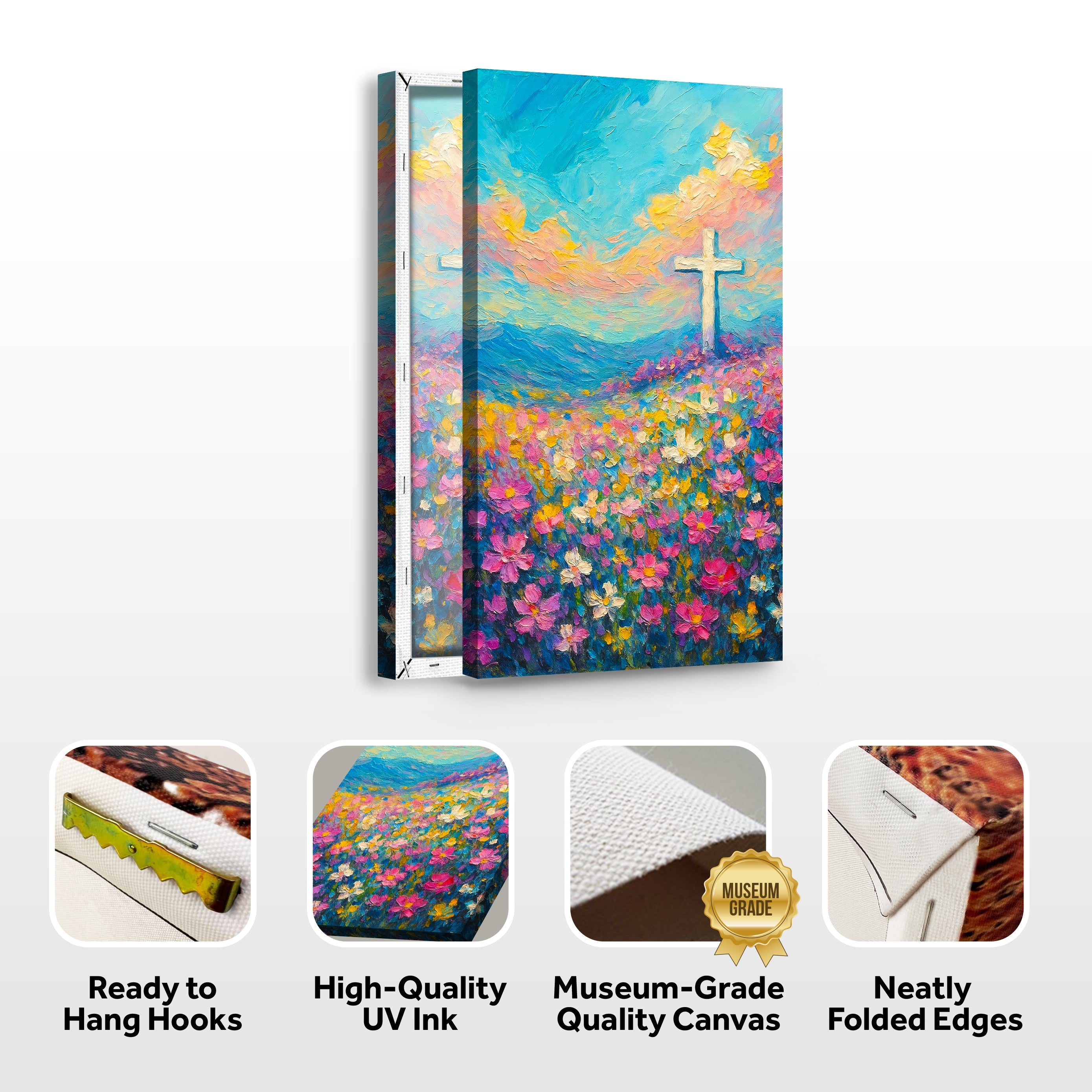Canvas wall art featuring a cross and floral field design by Tailored Canvases, vibrant and detailed religious home decor piece