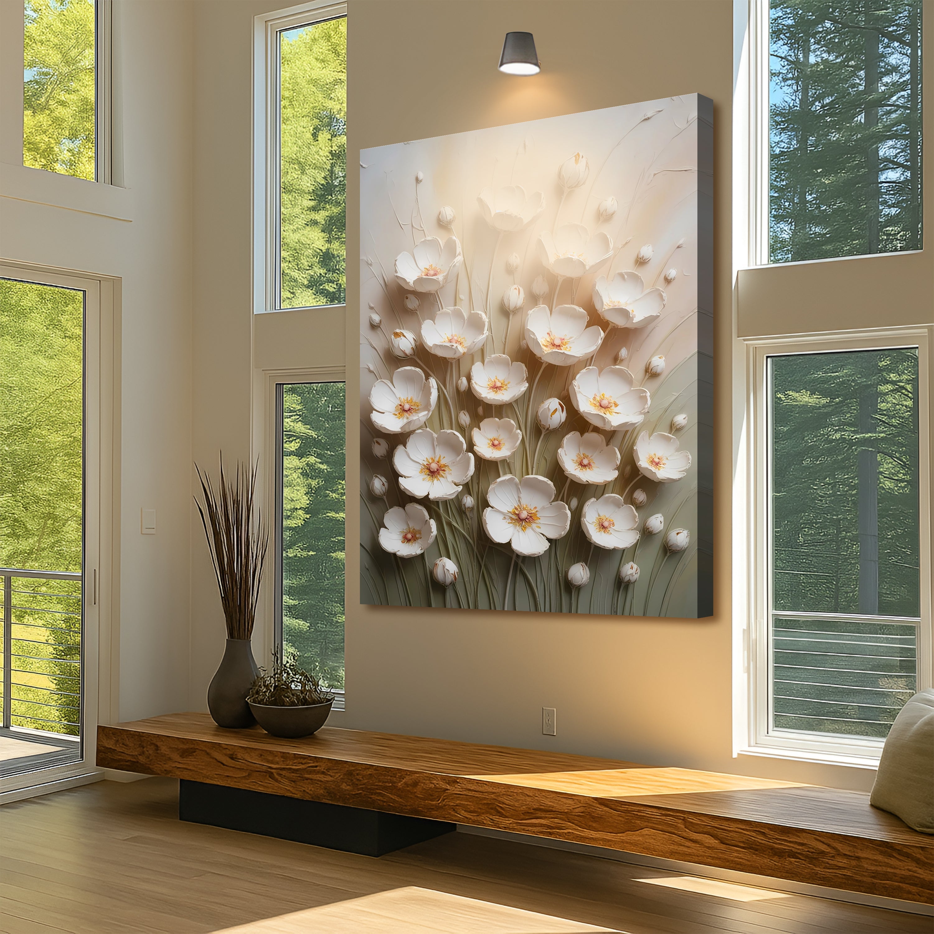 Colorful floral wall art on canvas by Tailored Canvases, featuring vibrant flowers and greenery for home decor.