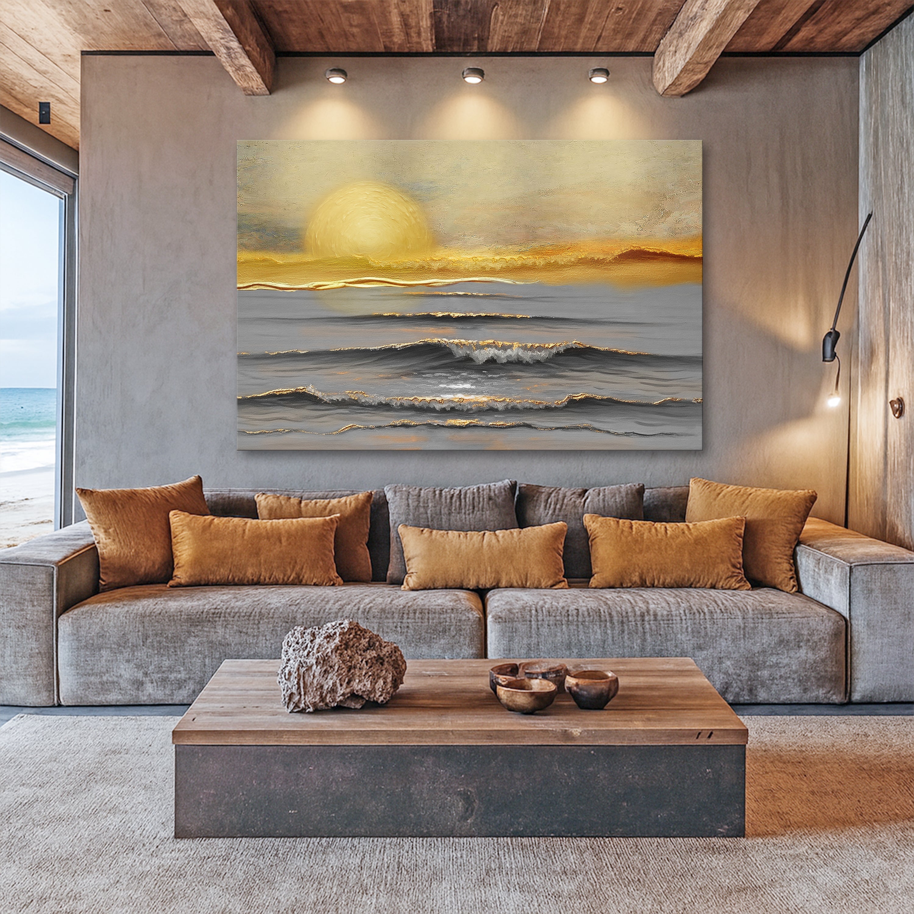 Golden Horizon Calm wall art on canvas by Tailored Canvases, featuring a serene sunset scene with warm tones and abstract design.