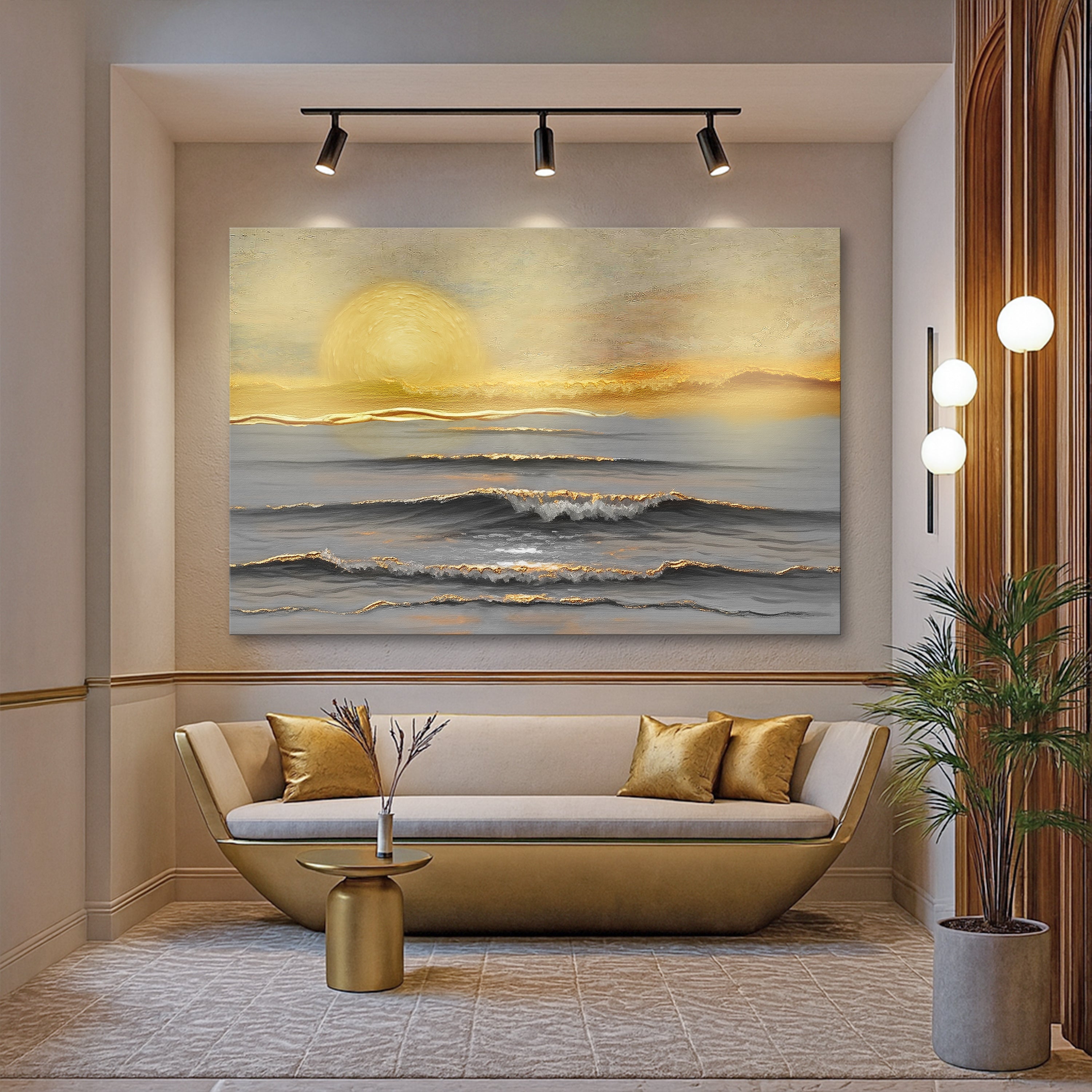 Golden Horizon Calm wall art on canvas by Tailored Canvases, featuring a serene sunset scene with warm tones.