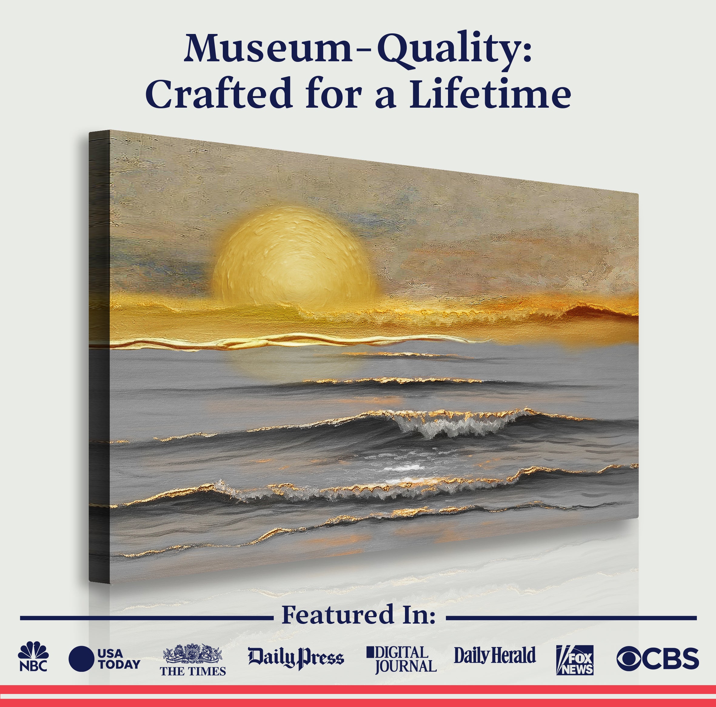 Golden Horizon Calm wall art canvas by Tailored Canvases featuring a serene sunset scene with warm tones and abstract horizon design.