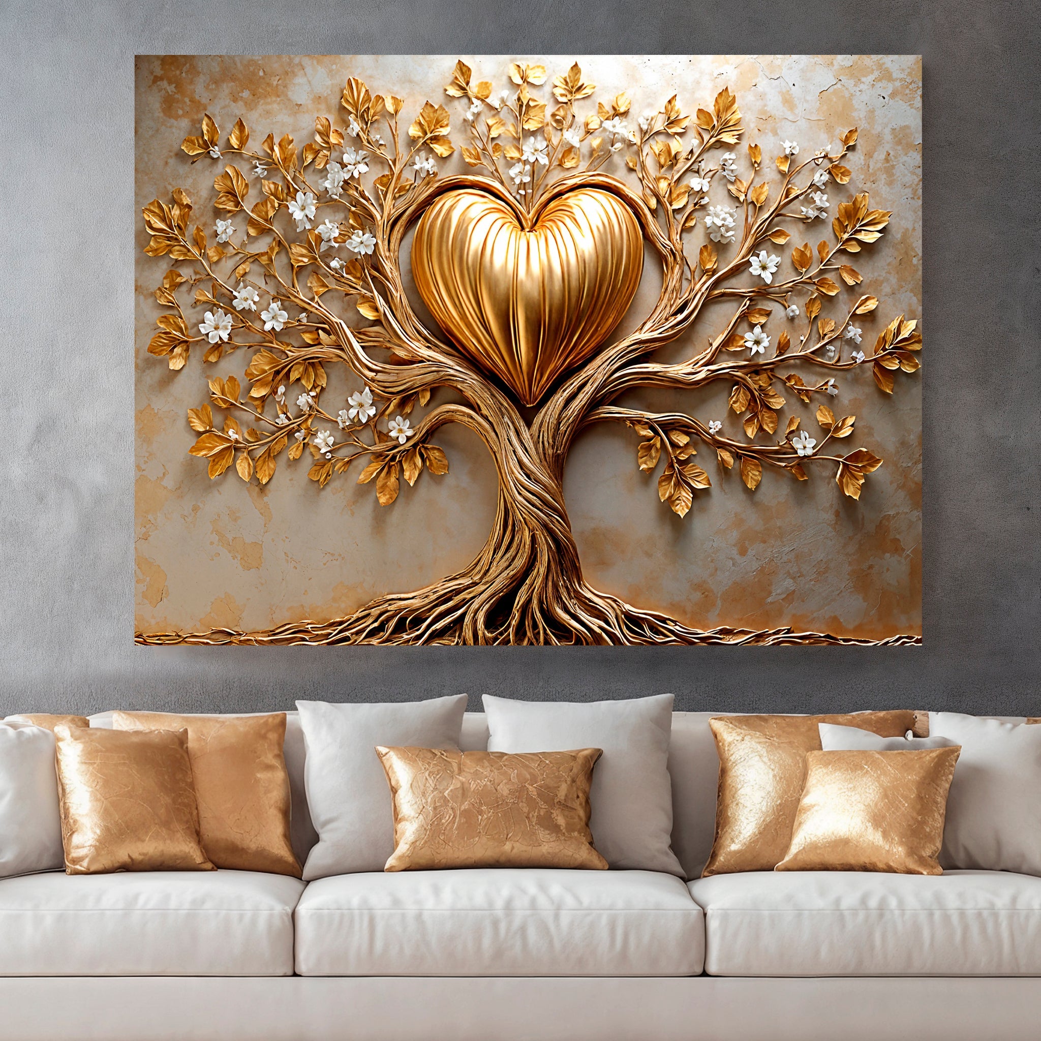 Golden tree and heart wall art canvas by Tailored Canvases, featuring a vibrant gold-colored tree and heart design on textured canvas.