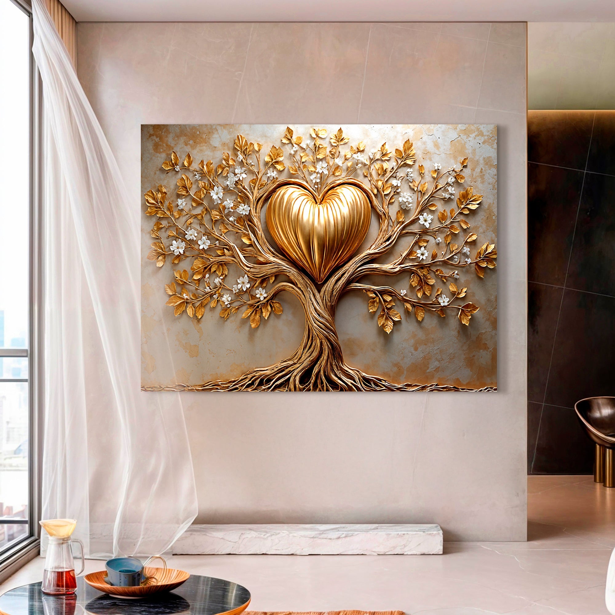 Golden tree heart wall art canvas by Tailored Canvases featuring a vibrant golden tree design on a textured canvas background.