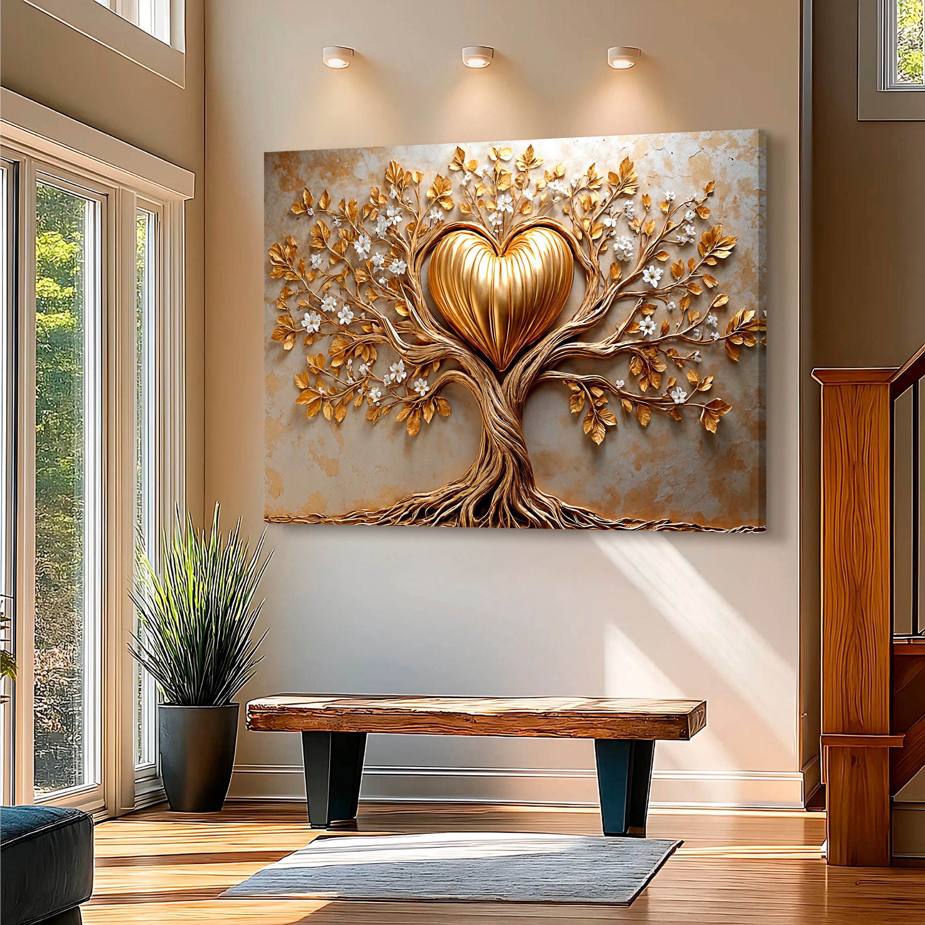 Golden tree heart wall art on canvas by Tailored Canvases, featuring a vibrant gold tree design on a decorative wall piece.