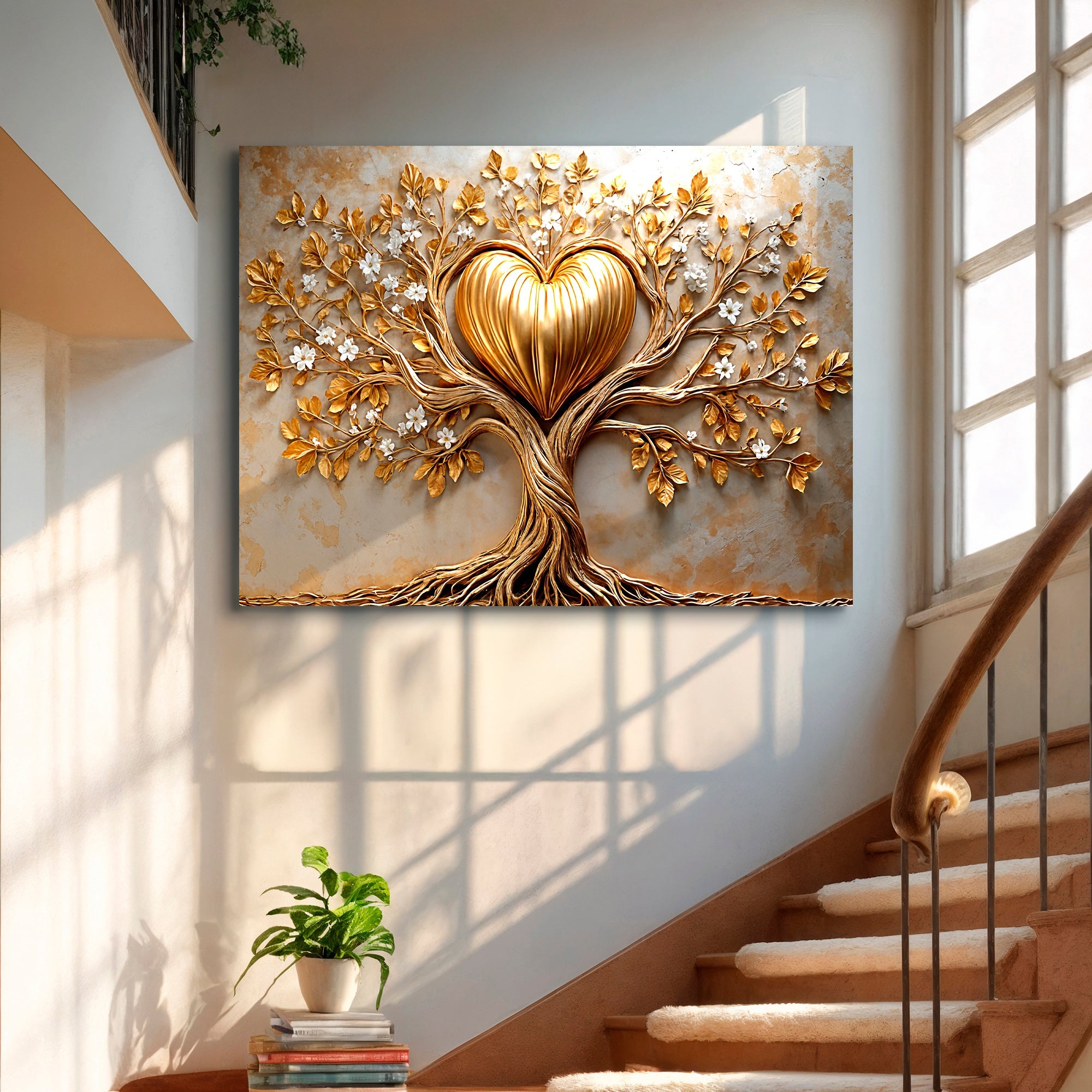 Golden tree heart wall art canvas by Tailored Canvases featuring a gold-colored tree and heart design on a textured background.