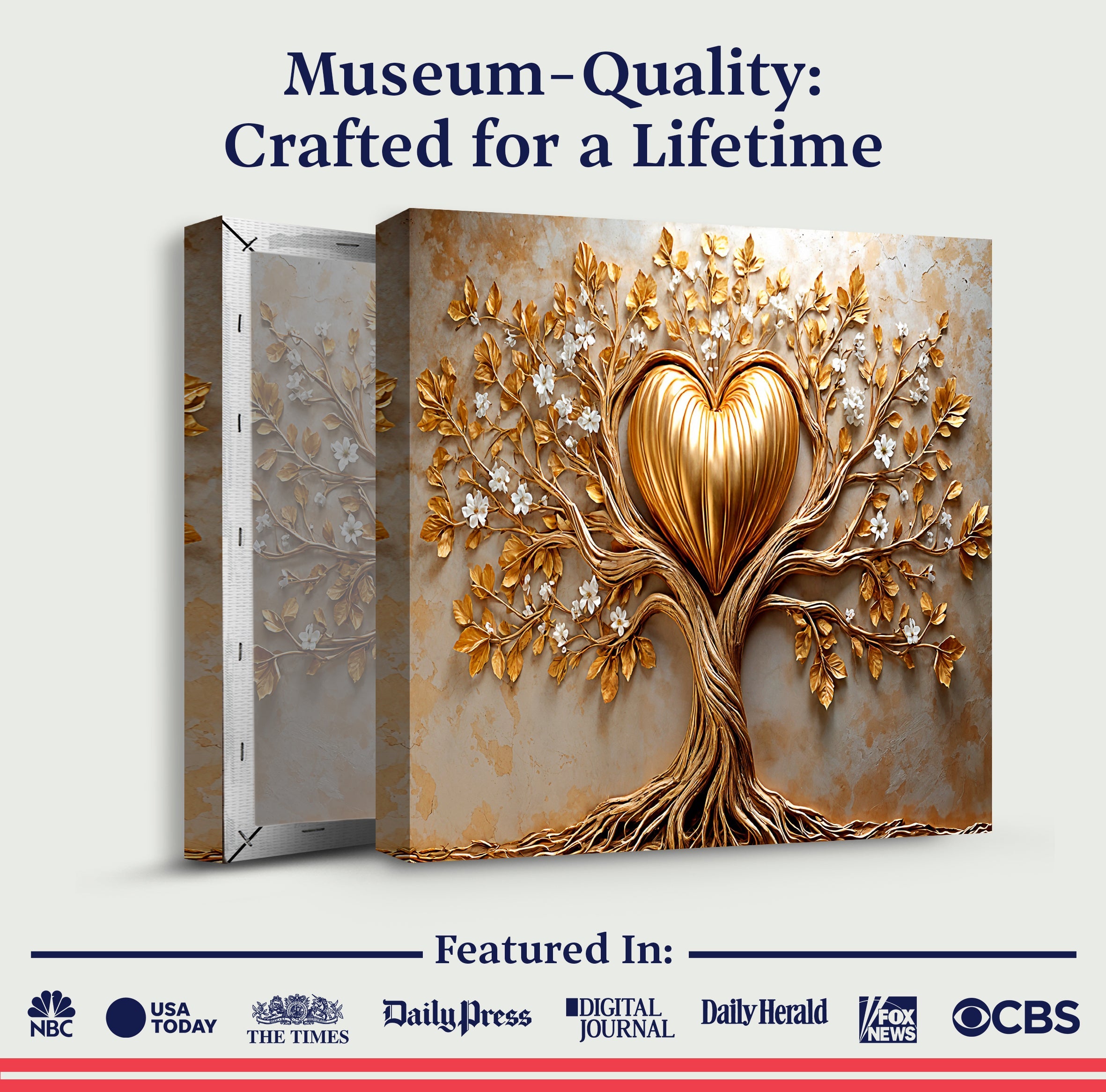 Golden tree heart wall art on canvas by Tailored Canvases, featuring a golden tree design with a heart shape in a modern style.