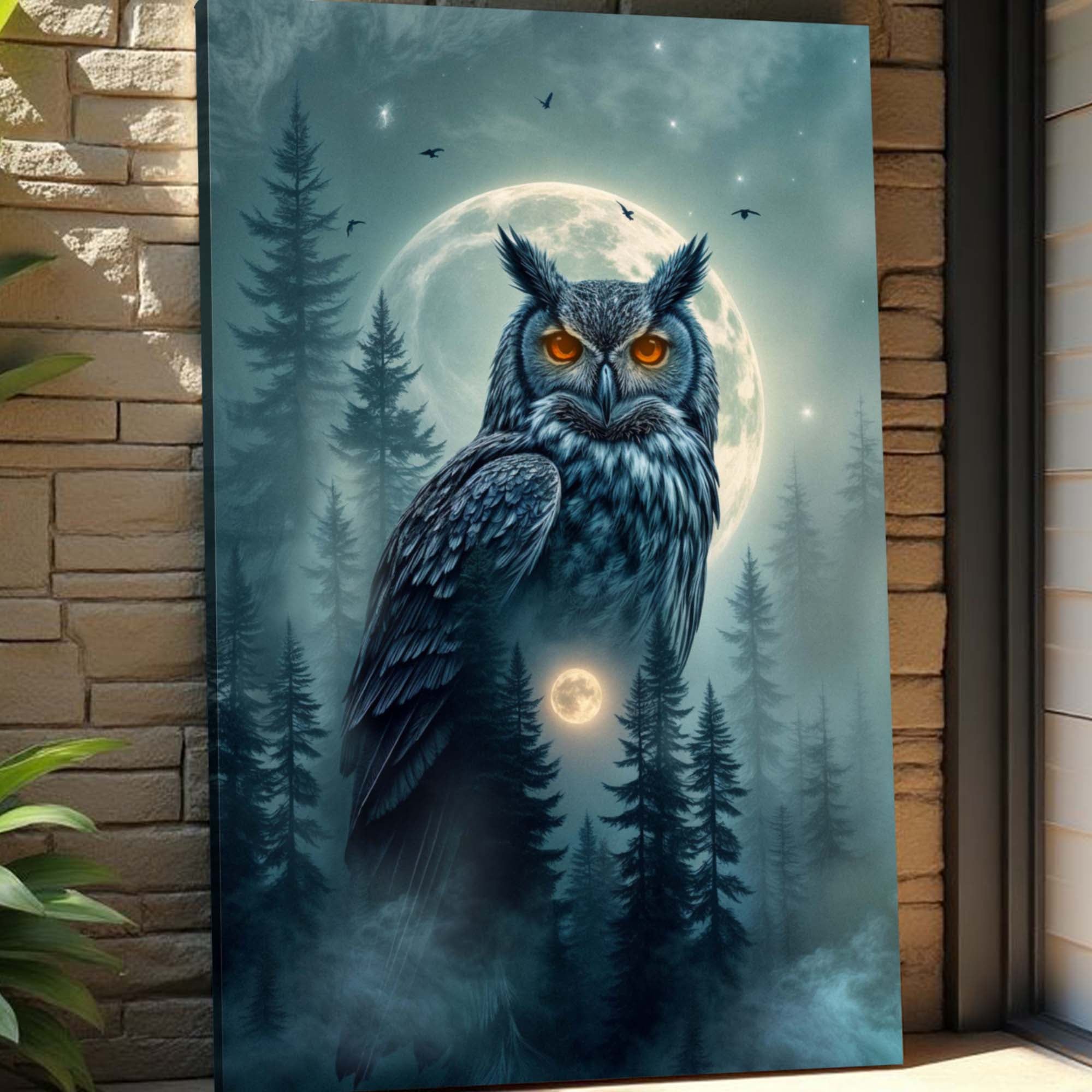 Owl double exposure wall art on canvas by Tailored Canvases, featuring a detailed owl design with artistic double exposure effect.