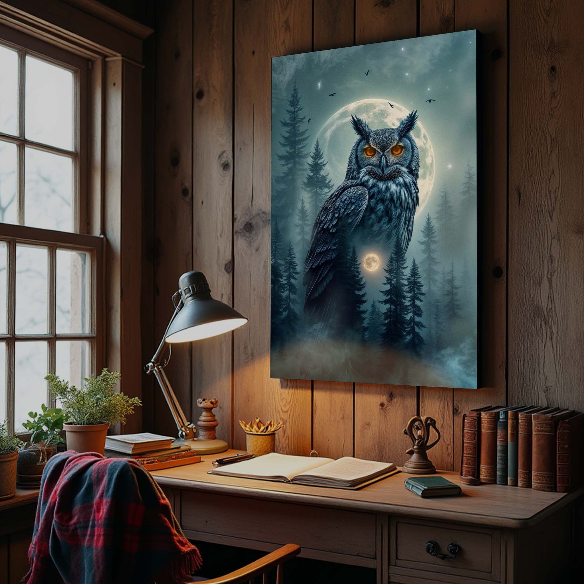 Owl double exposure wall art on canvas by Tailored Canvases featuring a detailed owl design with artistic layered imagery.