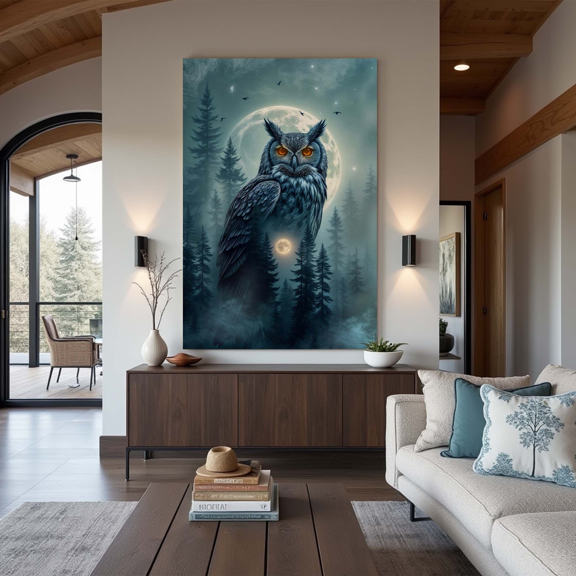 Owl double exposure canvas wall art by Tailored Canvases featuring a detailed owl image with artistic layered effects.
