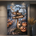 Personalized family name Halloween street sign canvas wall art by Tailored Canvases featuring spooky festive design.