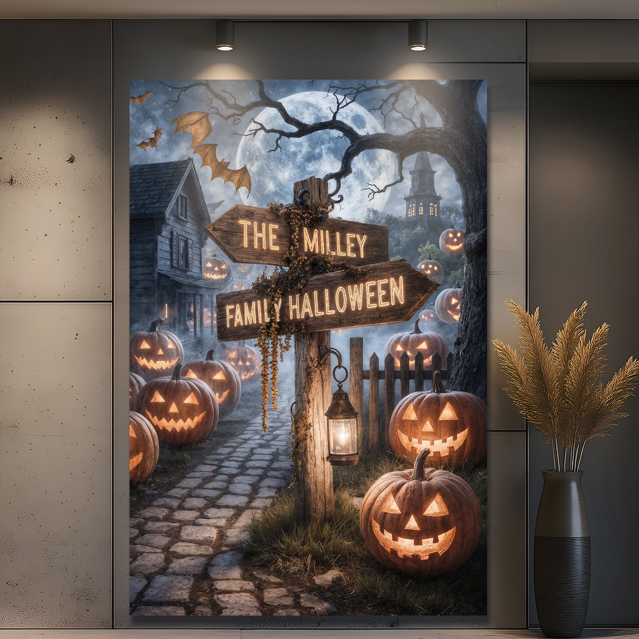 Personalized family name Halloween street sign canvas wall art by Tailored Canvases featuring spooky festive design.